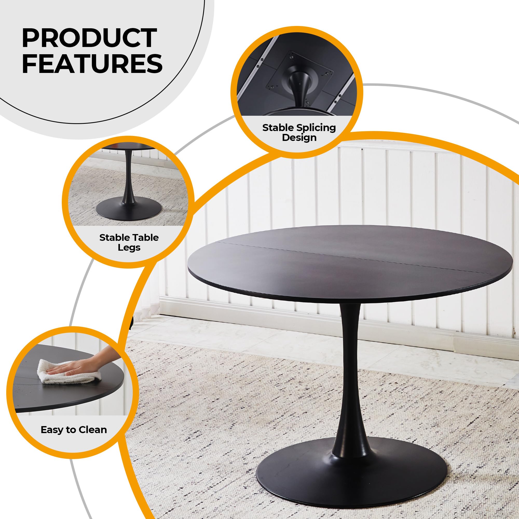 Sybrioka 42" Tulip Table for 4-6 Persons Modern Round Dining Room Table, Mid-Century Modern Black Small Kitchen Table with MDF Wooden Top, Leisure Coffee Table for Living Room, Dining Room, Office