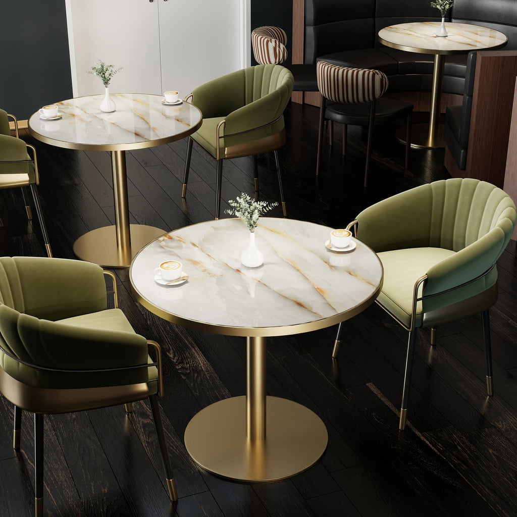 hausway 31.5" Tulip Table,Round Kitchen Dining Table for 2-4 with Thick Sintered Stone Top,Titanium Golden Pedestal Base,Heat-Resistant,Bistro Table for Dining Room,Café,Small Space（Sunrise Strings）