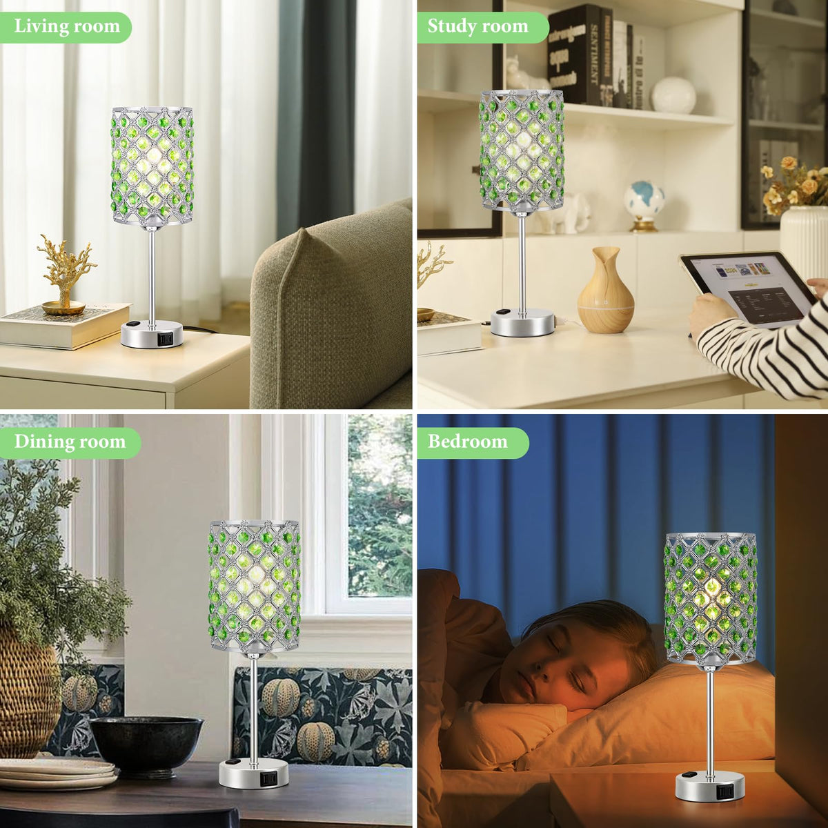 Crystal Lamp for Night Stands, Green Table Lamp for Bedroom, Bulb Included