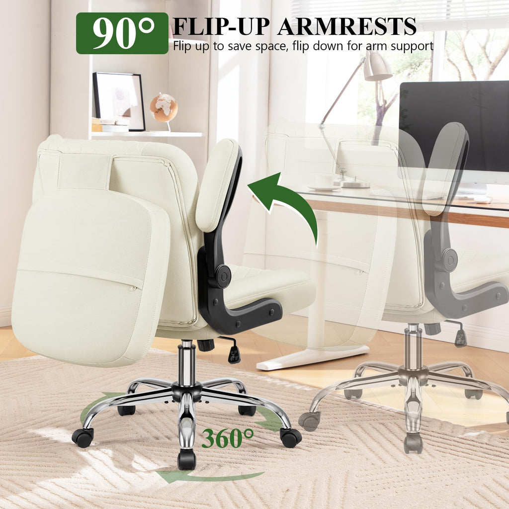 Criss Cross Office Chair with 2-in-1 Flip Backrest – Ergonomic PU Leather Floor Sitting Chair, Adjustable Height, 360° Swivel & Flip-Up Arms, Extra-Wide Seat for Home Office, Vanity, Nail Salon-White