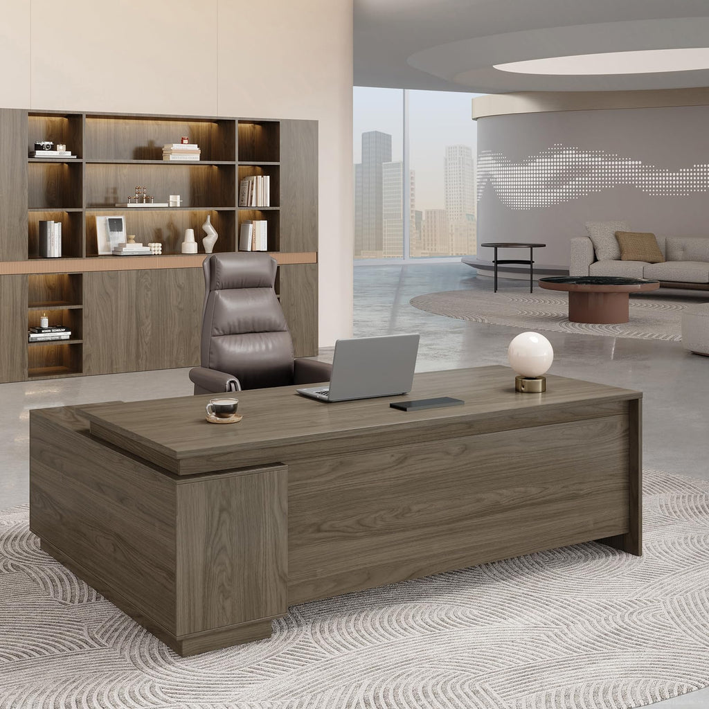 63" L-Shaped Executive Desk with Reversible Return, Compact Office Desk with Locking Drawers, Open Storage Cabinet, Cable Management Box, Front Privacy Panel, Walnut