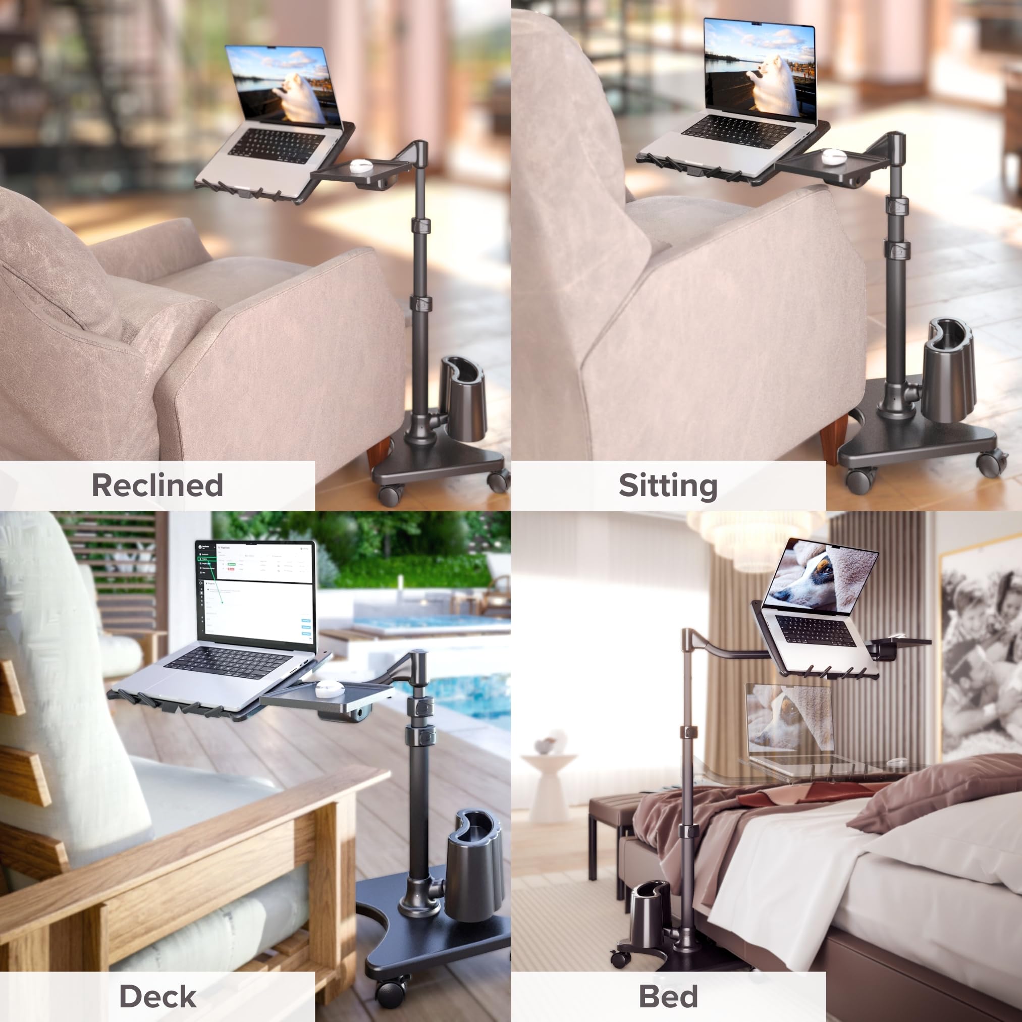 Deluxe Adjustable Laptop Stand – Rolling Computer Desk & Ergonomic Table for Bed, Sofa, or Office – Portable Mobile Workstation with Tilt – Fits Devices up to 16″ - Charcoal & Black