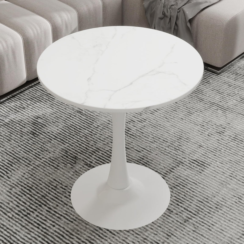 Sybrioka 27.6" Marble Round Tulip Table, Mid-Century Modern Style Dining Table with White Pedestal Base for 2-4 People, Featuring A Marble Tabletop for Kitchen, Dining Room, Cafe (White)