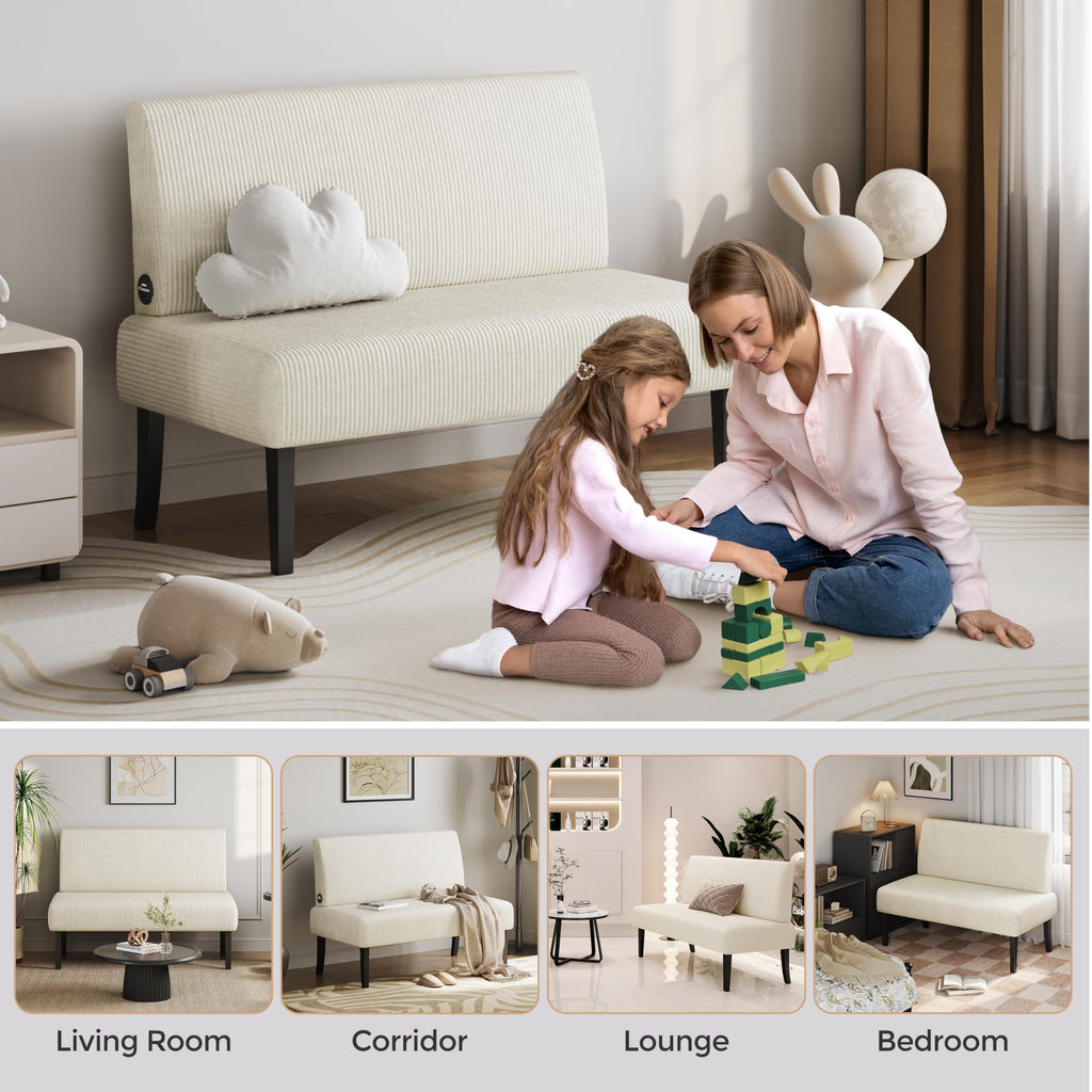 Small Mini Sofa Couch Armless Loveseat Futon for Bedroom, Corduroy Fabric & Easy Assembly, for Small Spaces Living Room,Dorm,Office,Apartment, Beige
