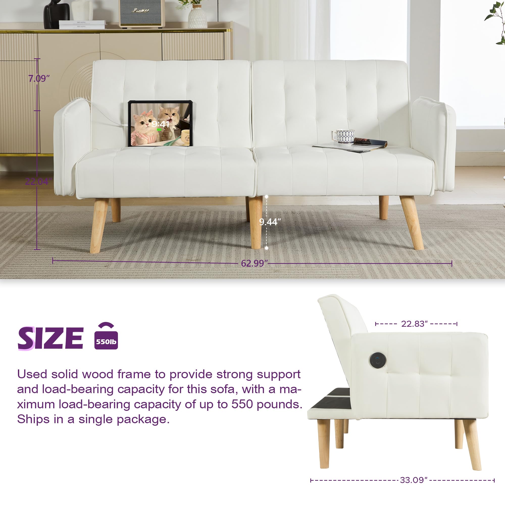 Modern White Faux Leather Upholstered Convertible USB Folding Futon Sofa Bed, 65" Couch, Love Seats Furniture for Small Space Configuration, Office, Apartment, Dorm, Living Room