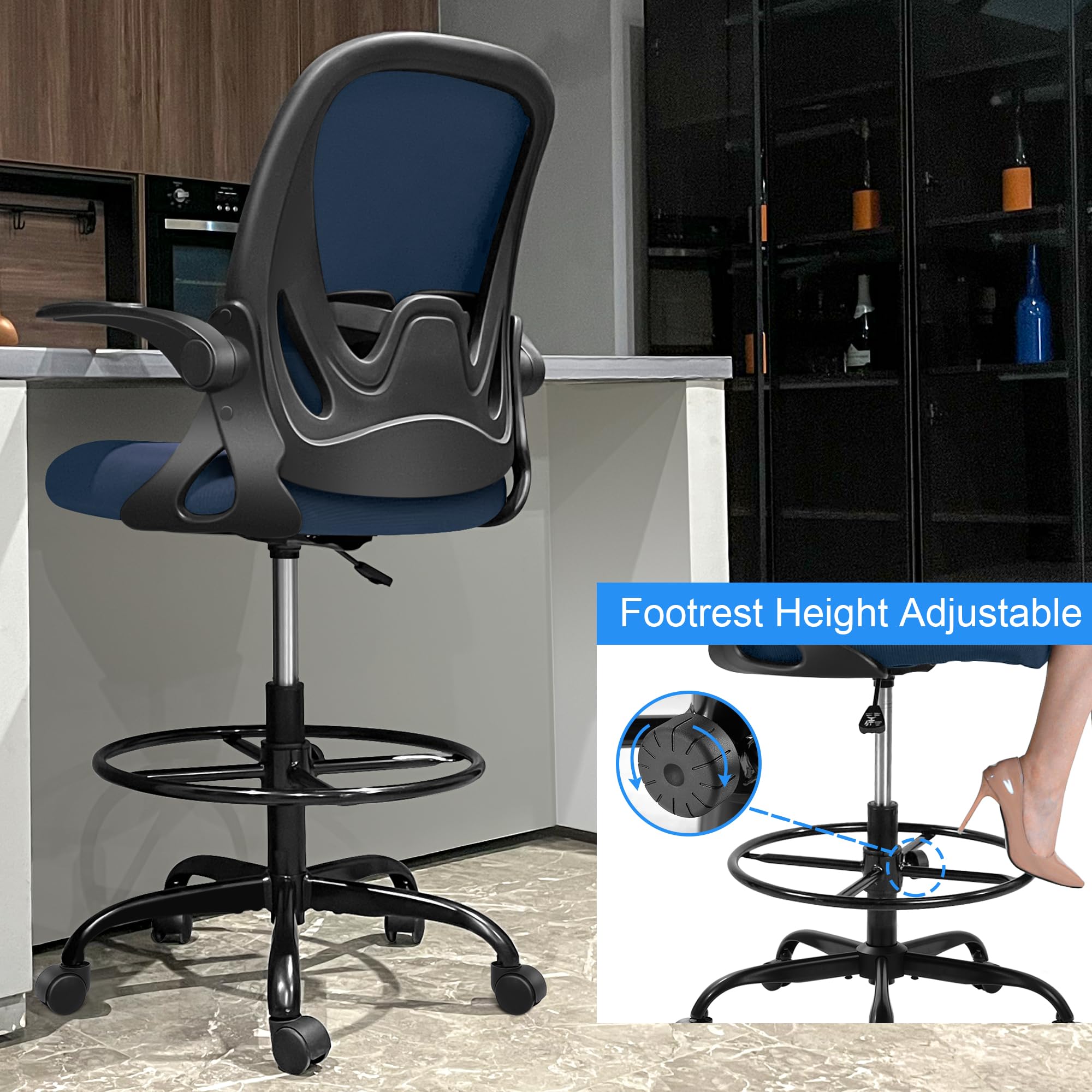 Drafting Chair Tall Office Chair with Flip-up Armrests Executive Ergonomic Computer Standing Desk Chair with Lumbar Support and Adjustable Footrest Ring (Navy)