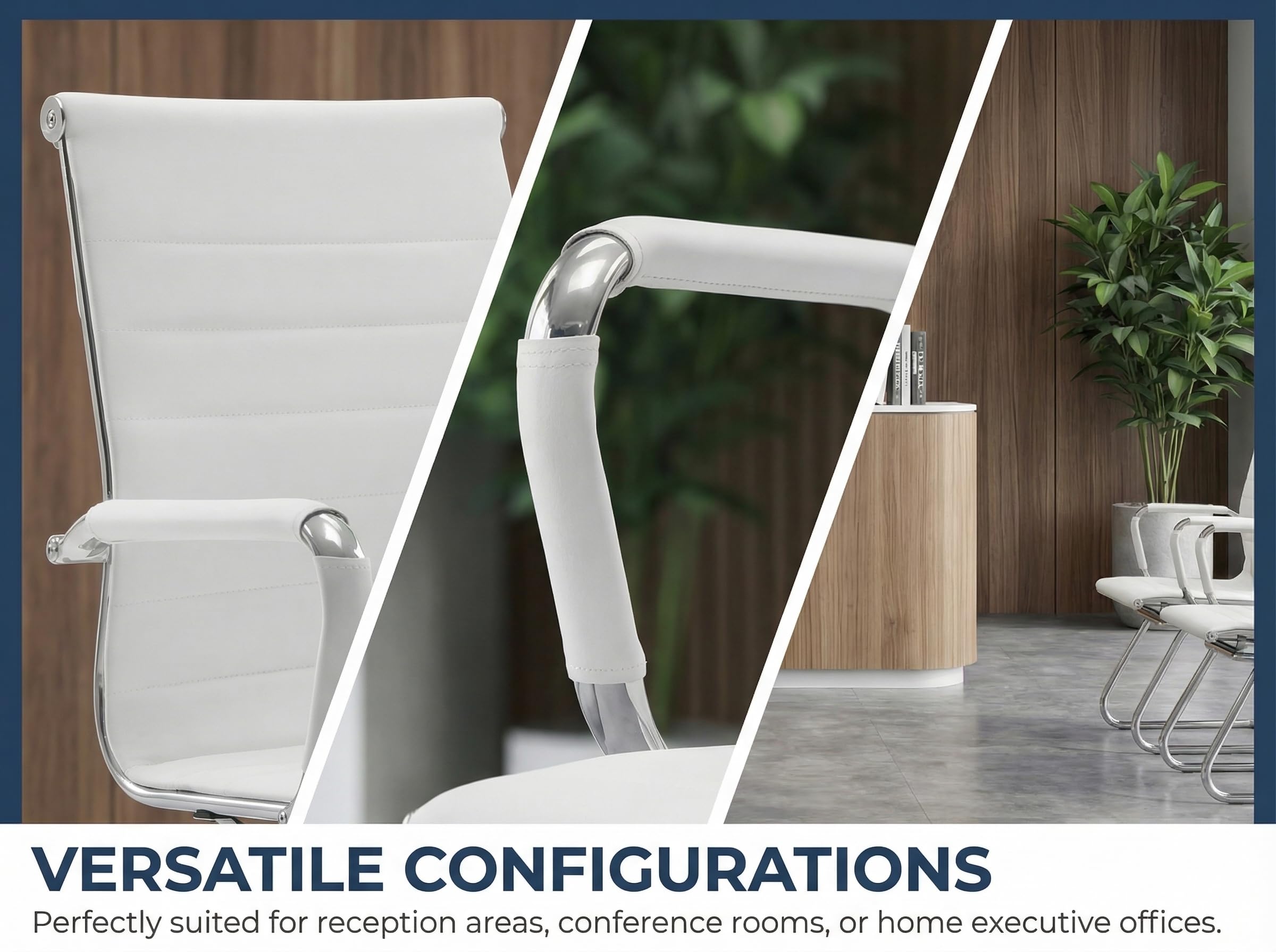 Conference Room Chairs Set of 4, Waiting Room Chairs with Arms, Faux Leather Reception Chairs No Wheels, Office Guest Chairs with Mid Back Support and Chrome Sled Base, WhiteWhite