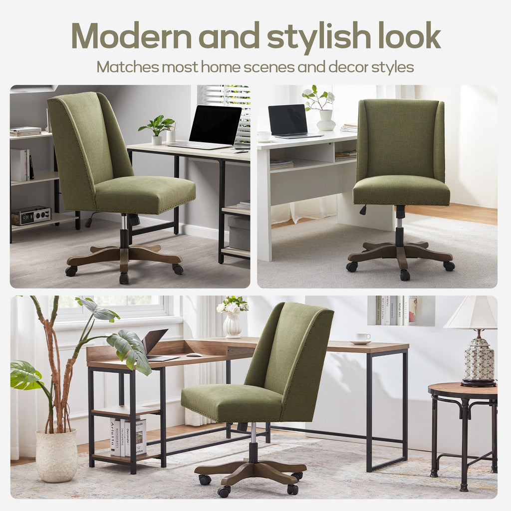 Upholstered Armless Office Chair with Wooden Legs, Modern Adjustable Home Office Desk Chair Computer Chair Swivel Chair for Home Office Study Studio (Green)