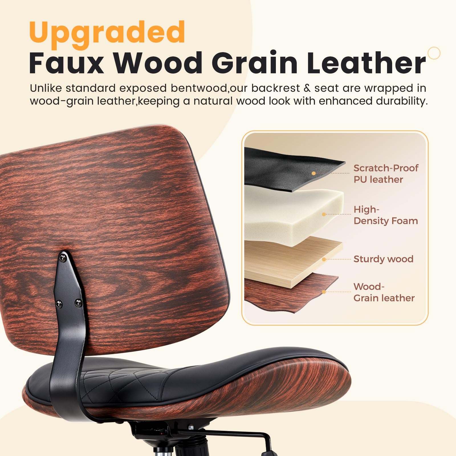 Office Chair Swivel Desk Chair with Wheel Small Computer Chair Armless Task Chair Modern Walnut PU Leather Backrest Rocking Function Adjustable Height, Study Reading Meeting Room (Black)