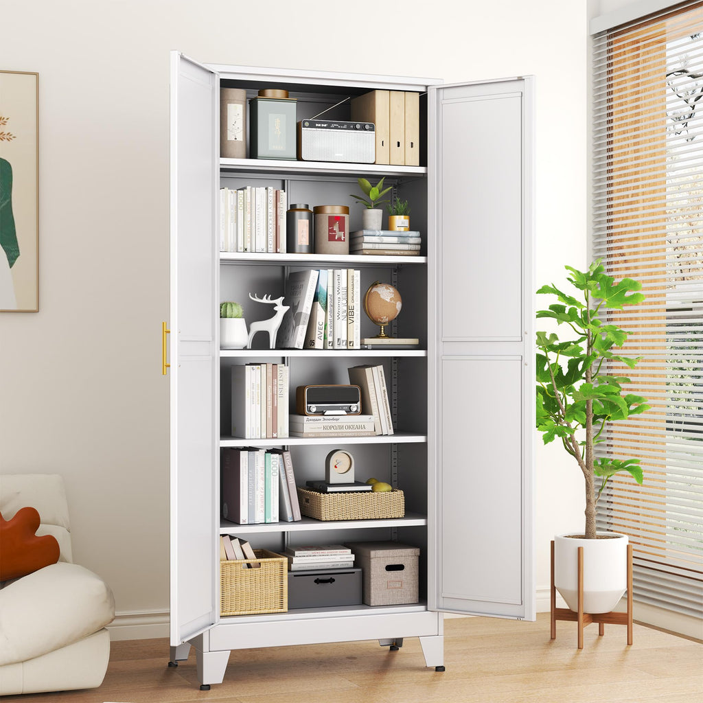 White Metal Storage Cabinet,75" Steel Cabinets for Home Office