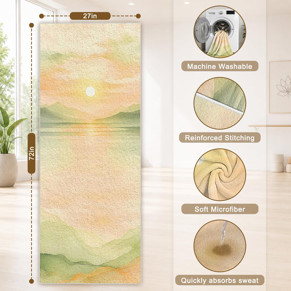 Yoga Mat Towel, Hot Yoga Towel High-Definition Pattern, Machine Washable with Ultra-Absorbent Yoga Towels for Hot Yoga Non Slip for Fitness, Exercise, Pilates, 72 x 27 in, Green Sunset