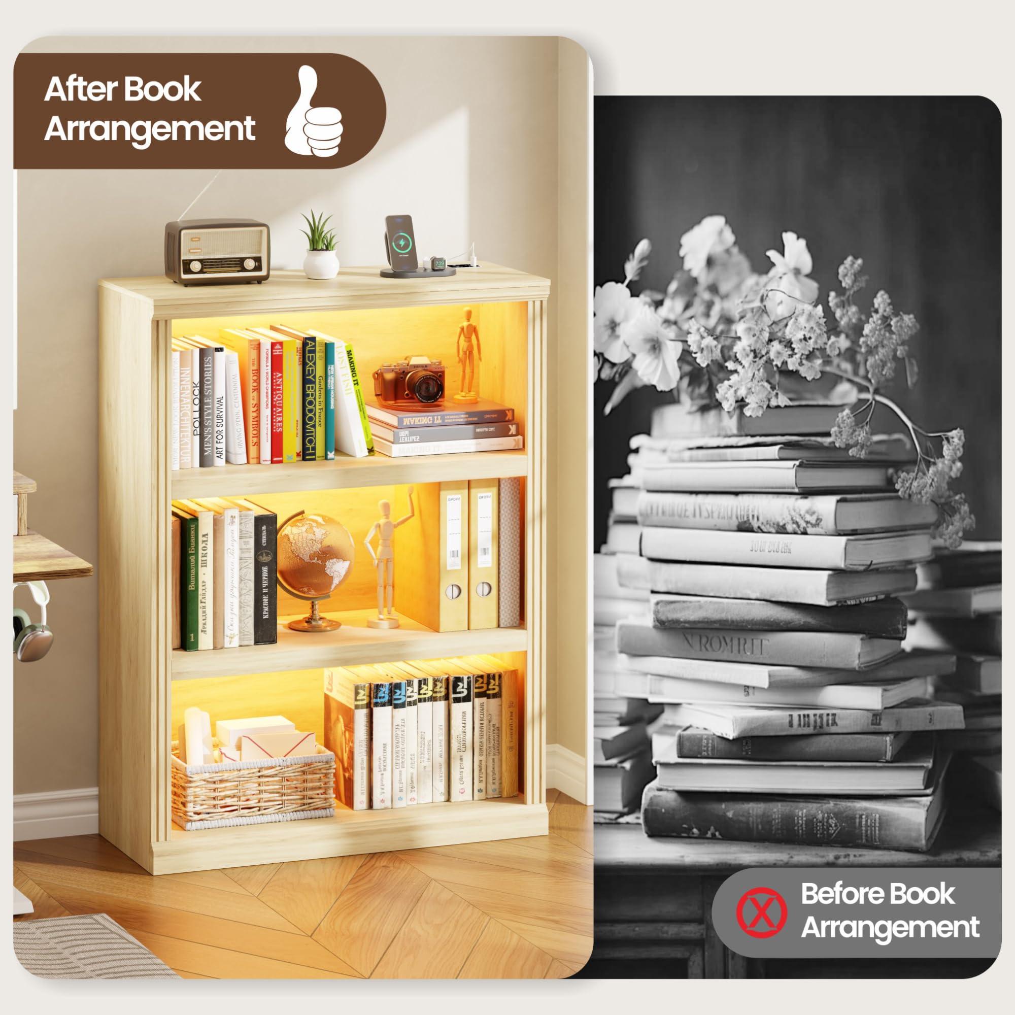3-Tier LED Bookshelf with Motion Sensor Lights - USB Charging Module - Adjustable Modular Display Shelf 31.5 W x 43.3 H for Bedroom Living Room Home Office Apartment - Natural Wood