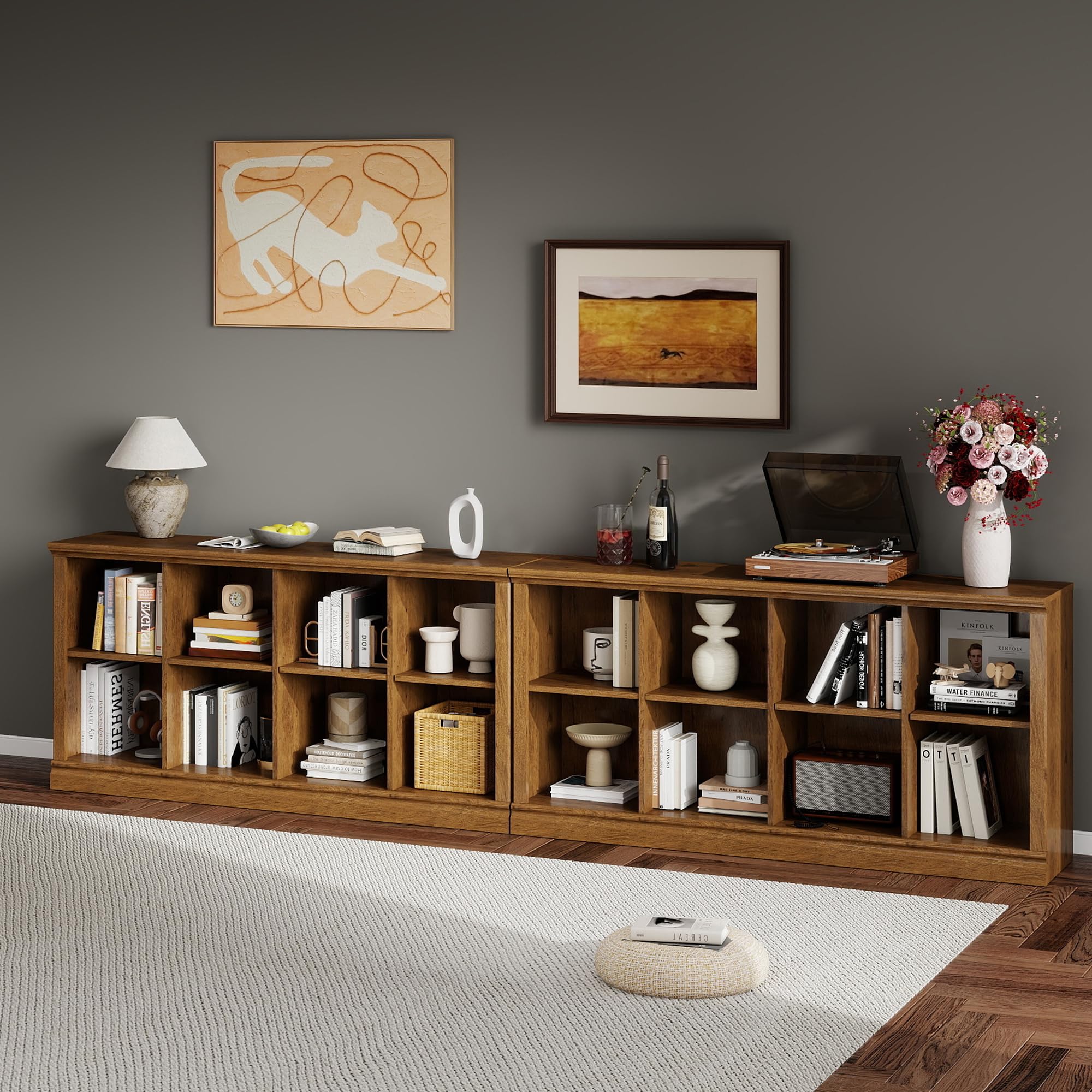 2 Tiers 8 Cube Storage Organizer Bookcase, 54 inch Width Wooden Book Shelf
