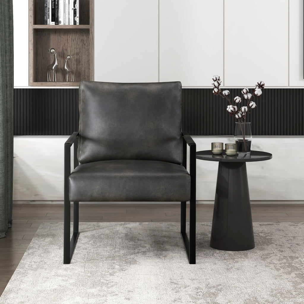 Modern Accent Chair, Faux Leather Upholstered Chair With Wrapped Armrests,Arm Chair With Black Metal Frame,Comfy Single Chair For Living Room/Bedroom/Reading Room/Office,Dark Brown
