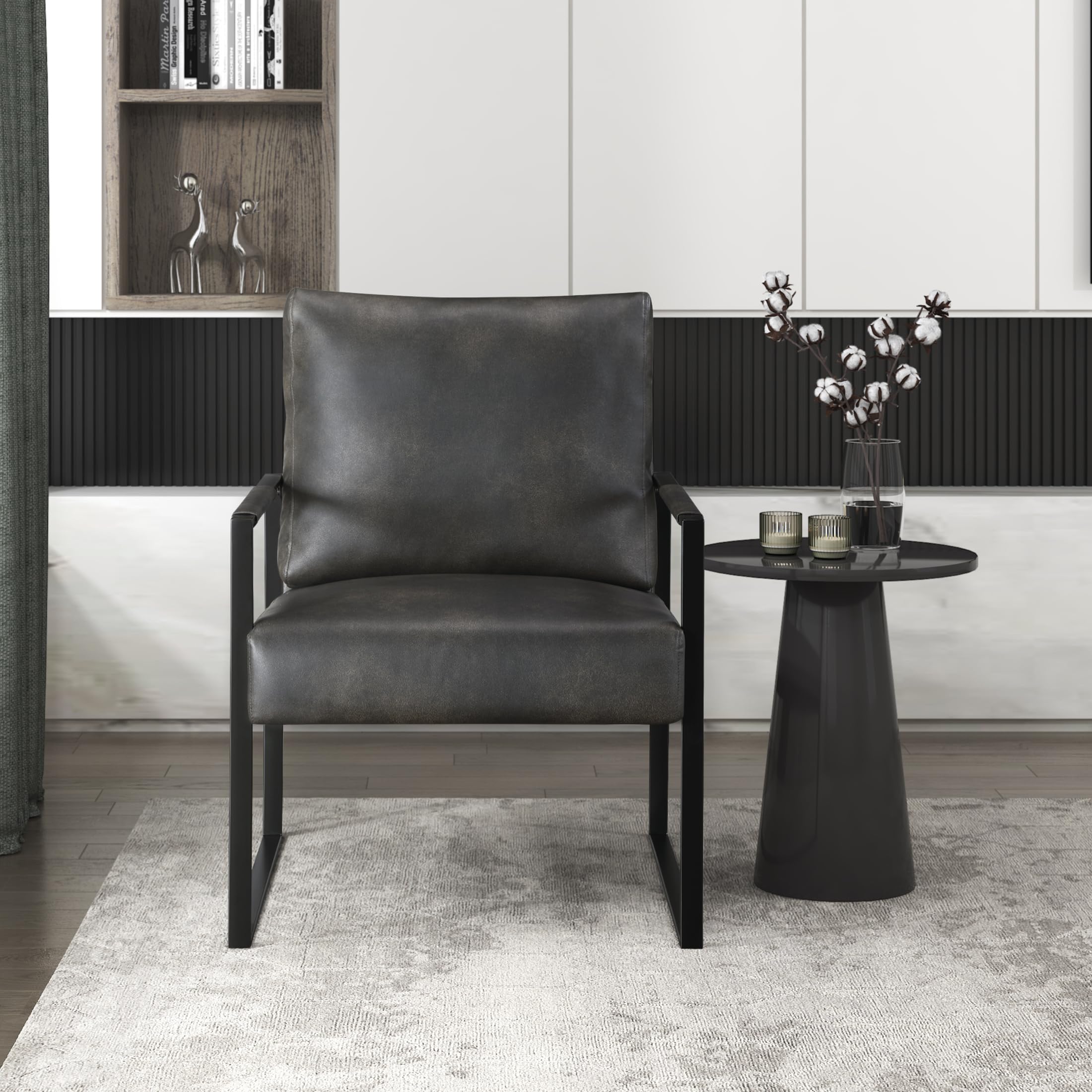 Modern Accent Chair, Faux Leather Upholstered Chair With Wrapped Armrests,Arm Chair With Black Metal Frame,Comfy Single Chair For Living Room/Bedroom/Reading Room/Office,Dark Brown