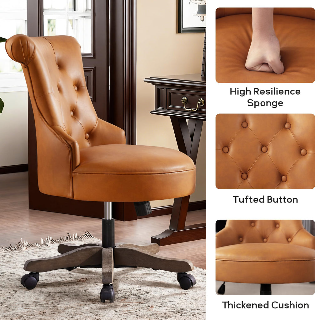 Home Office Chair Upholstered Faux Leather PU Armless Desk Chair with Wheels Adjustable Height Computer Desk Chair with Wooden Legs Comfy Swivel Chair for Study Studio (Caramel Brown)