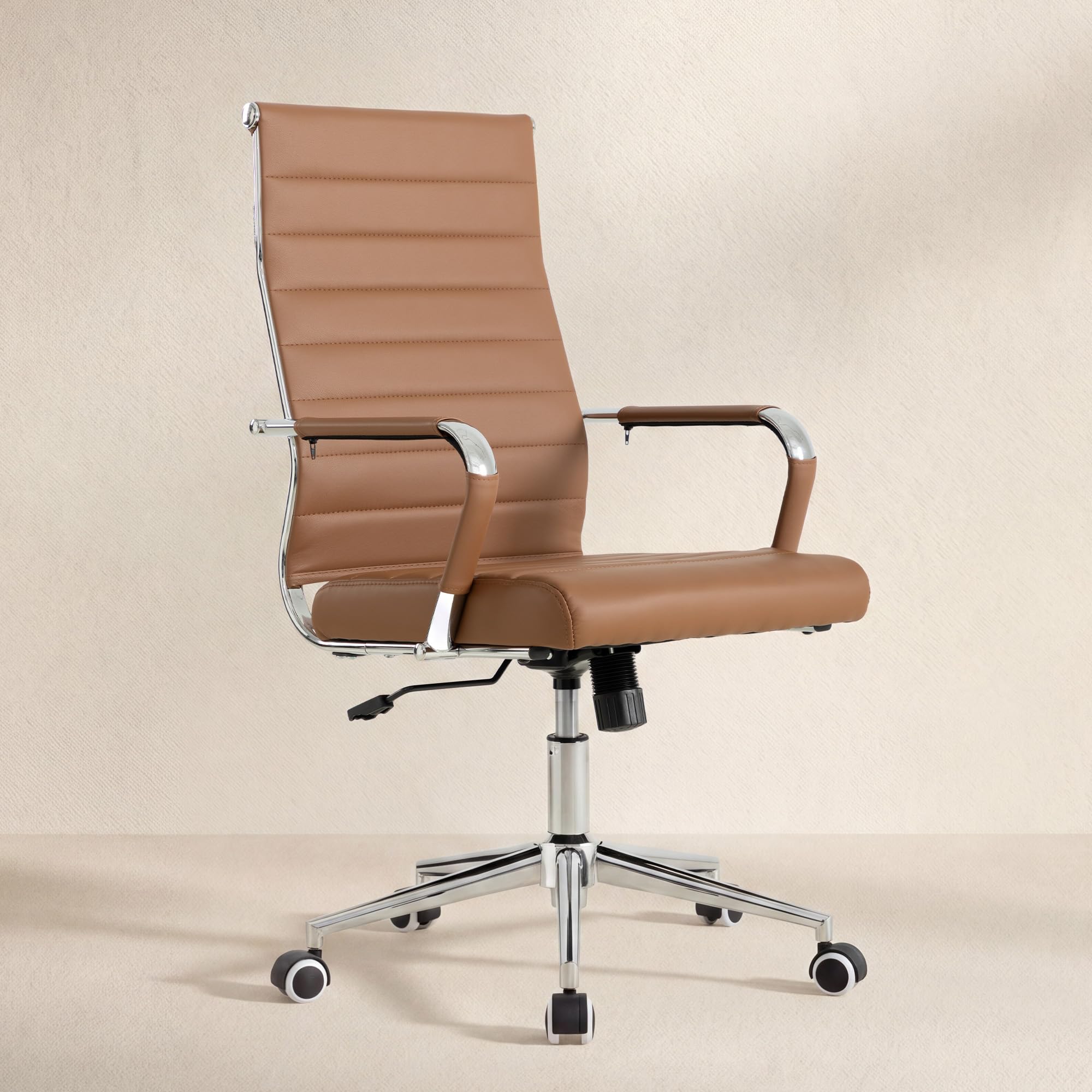Office Desk Chair, Ergonomic Leather Modern Conference Room Chairs, Executive Ribbed Height Adjustable Swivel Rolling Chair for Home Office. (Brown)