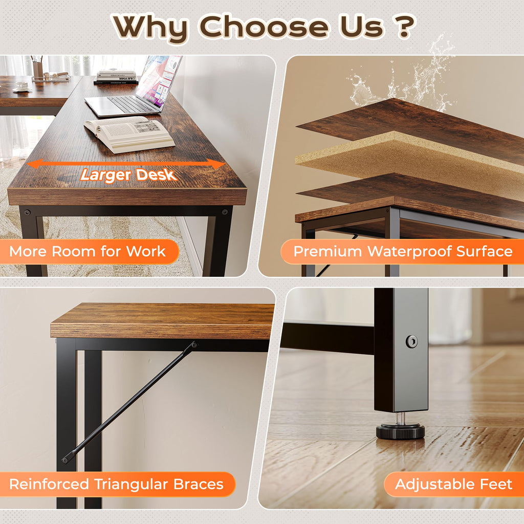 55 Inch L Shaped Desk with Power Outlets and USB-C Port, 0.95 Inch Thicker Desktop, Reversible Computer Desk, Larger Office Corner Gaming Desk, Metal Frame, for Home Office, Study, Rustic Brown