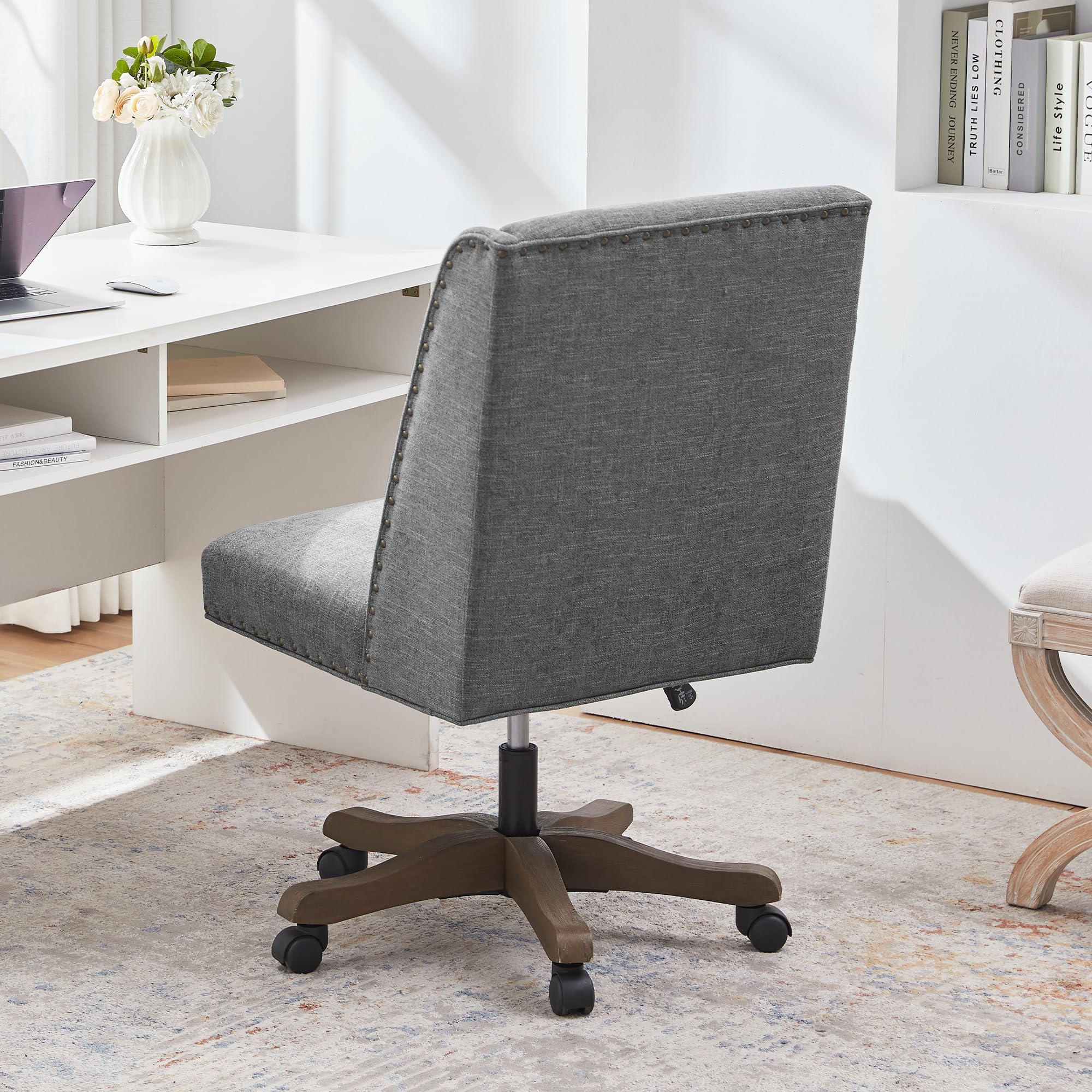 Upholstered Armless Home Office Chair with Wooden Legs, Modern Office Desk Chair No Arms Sewing Chair Adjustable Swivel Desk Chair for Farmhouse Office Study Studio (Dark Gray)
