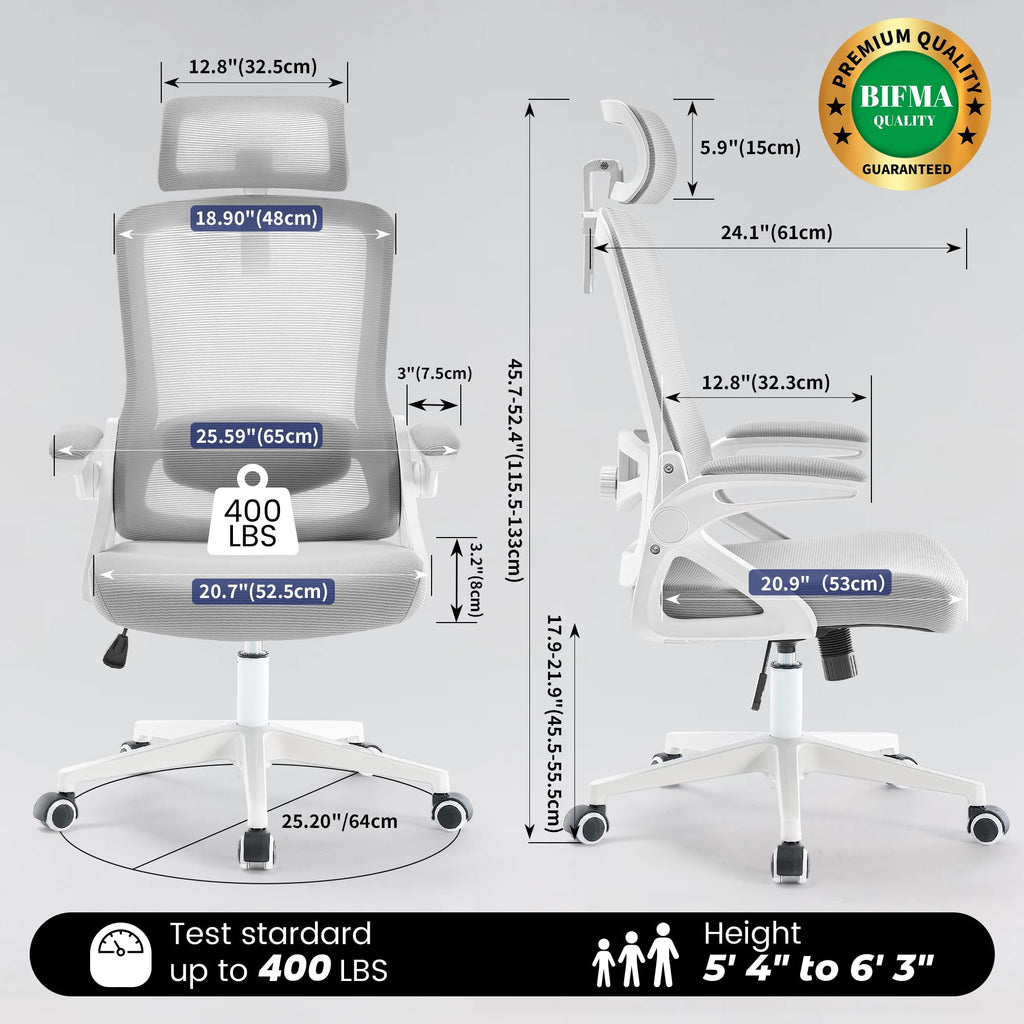 Ergonomic Office Chair, 400 LBS Desk Chair with Adjustable Lumbar Support, High Back Breathable Mesh Computer Chair Rolling Work Swivel Task Chairs, Comfy Home Office Desk Chair (Gray)