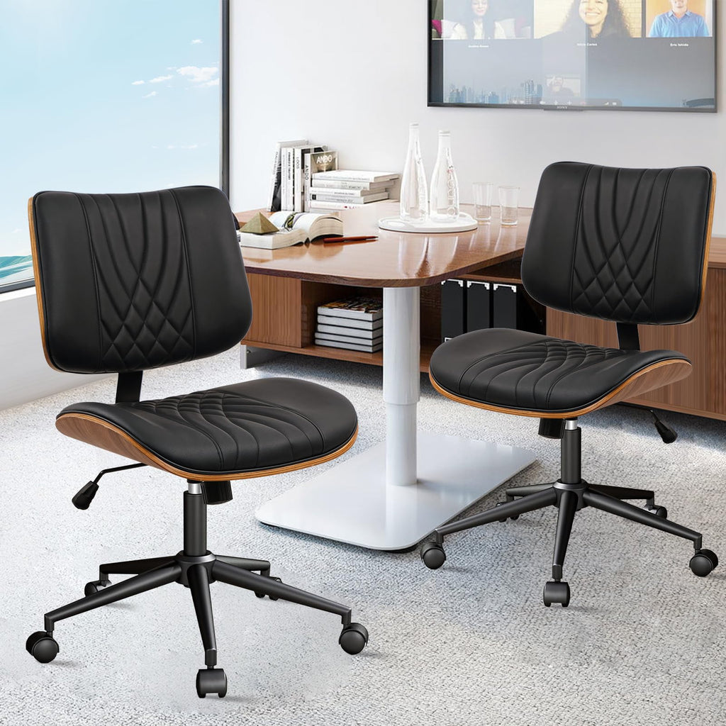 4Pack, Armless Home Office Chair, Desk Chair with Wheels, Adjustable Height Reading Chair, Leather Mid Back & Swivel Computer, Modern Walnut Chairs with Back for Study Meeting Room(Black)