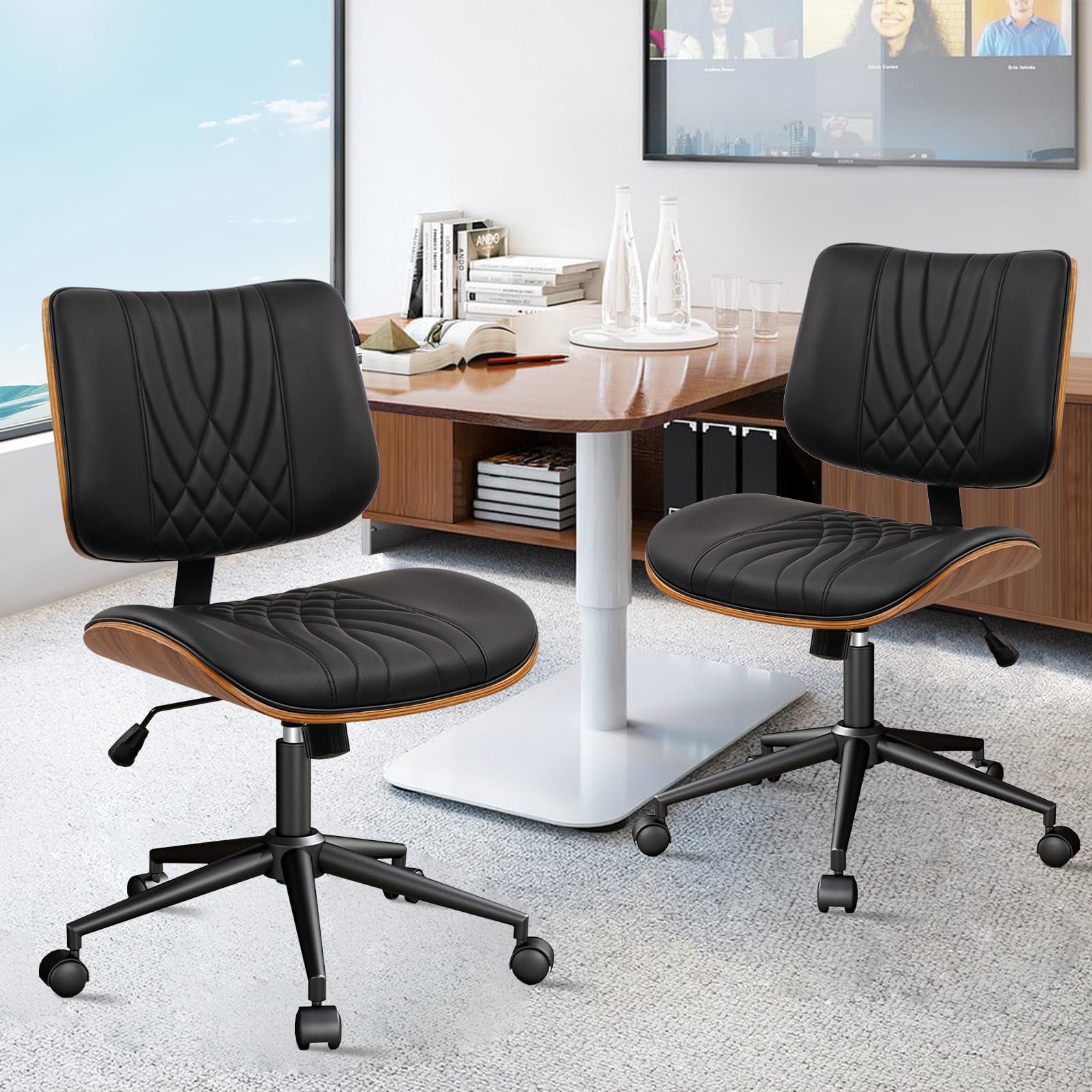 4Pack, Armless Home Office Chair, Desk Chair with Wheels, Adjustable Height Reading Chair, Leather Mid Back & Swivel Computer, Modern Walnut Chairs with Back for Study Meeting Room(Black)