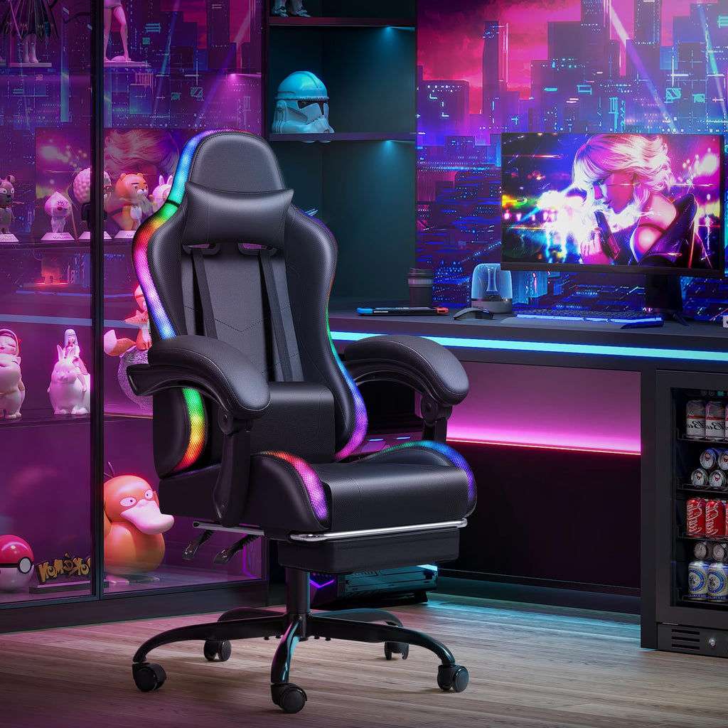 Gaming Chair, Video Game Chair with Footrest and Massage Lumbar Support, Ergonomic Computer Chair Height Adjustable with Swivel Seat and Headrest (RGB Dark Black)