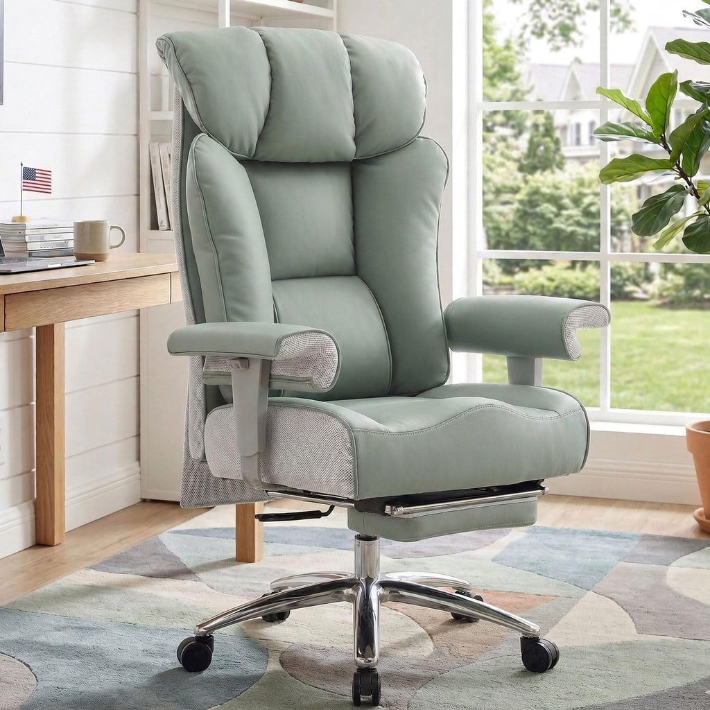 Big and Tall Office Chair 400lbs - Heavy Duty Executive Desk Chair with Foot Rest & 23" Wide Seat - High Back Ergonomic Leather Computer Chair for Heavy People, Home Office, Green