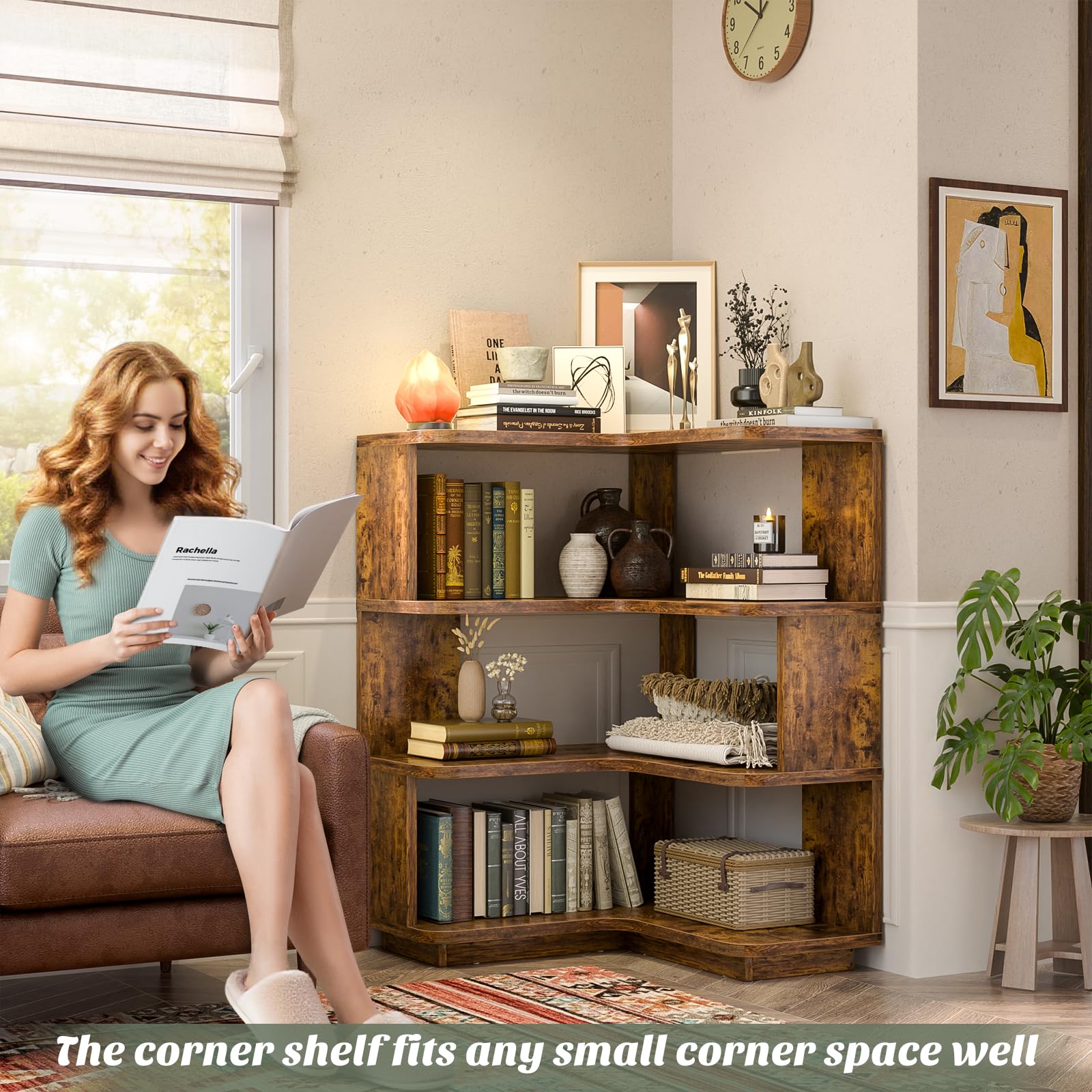 Corner Book Shelf, 4-Shelf L Shaped Corner Bookshelf with Baffle