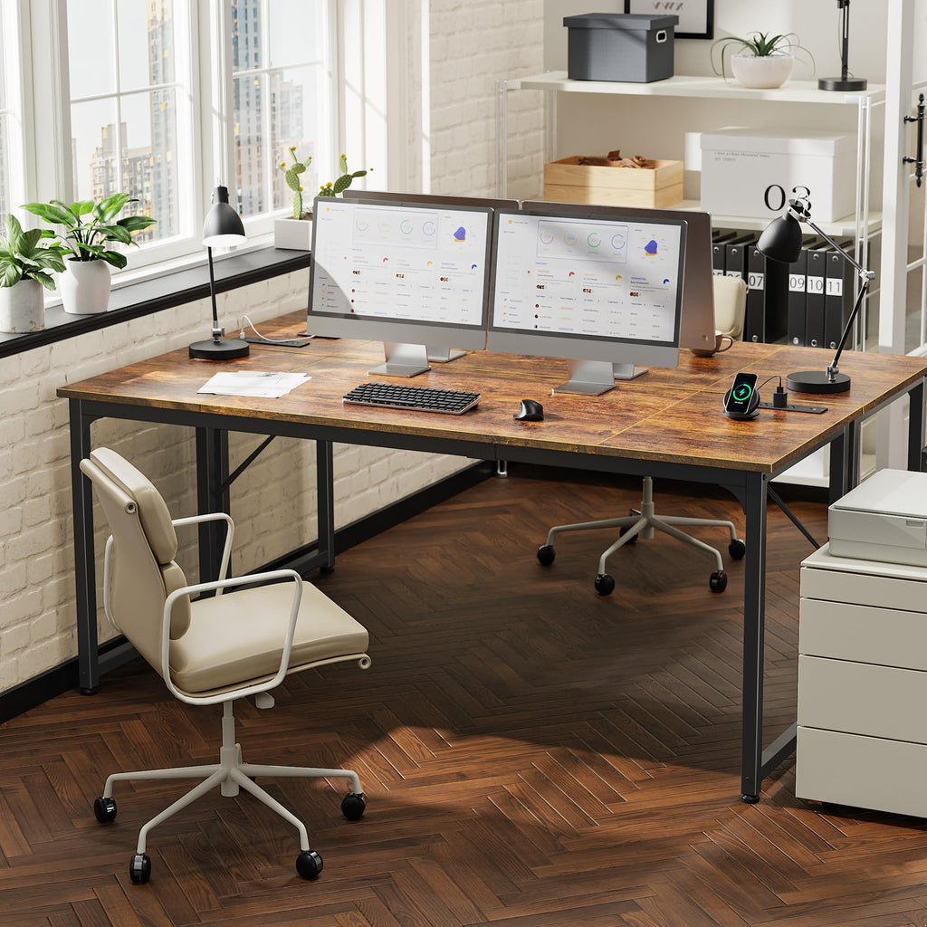 70 X 24 Inch Office Computer Desk with Power Outlets and USB-C Port, Larger and Longer Gaming Desk, for Home Office, Study, Writing Work from Home Table, Metal Frame, Rustic Brown