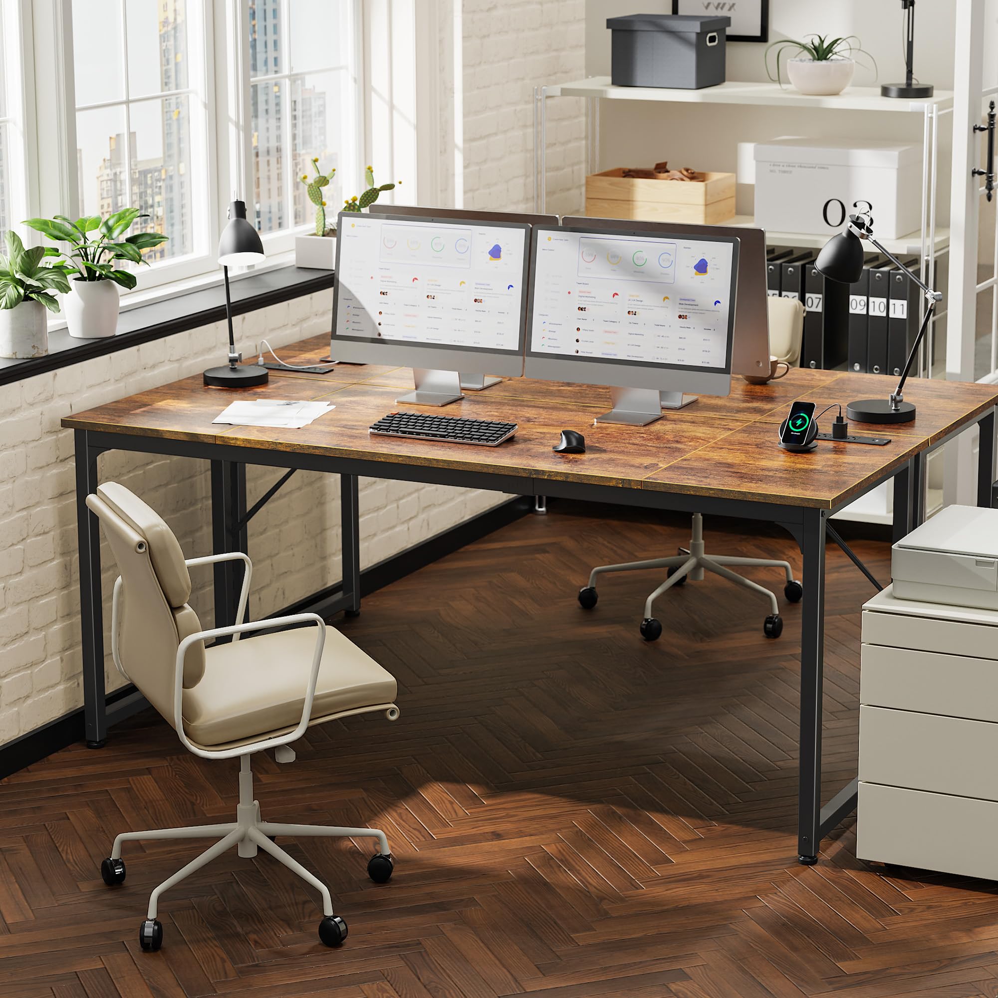 70 X 24 Inch Office Computer Desk with Power Outlets and USB-C Port, Larger and Longer Gaming Desk, for Home Office, Study, Writing Work from Home Table, Metal Frame, Rustic Brown