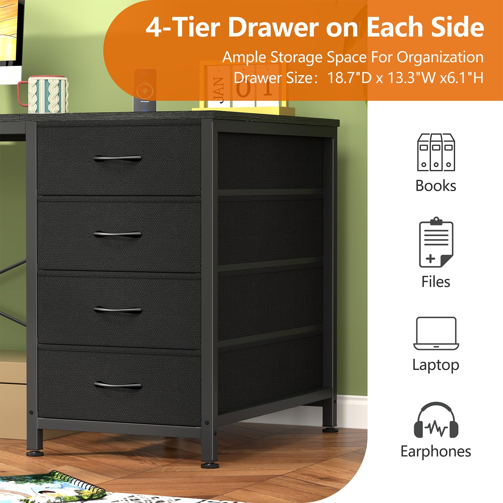60 Inch Computer Desk with 8 Drawers, Home Office Desk with Power Outlets, Work Study Gaming Desk with 8 Fabric Drawers, Black
