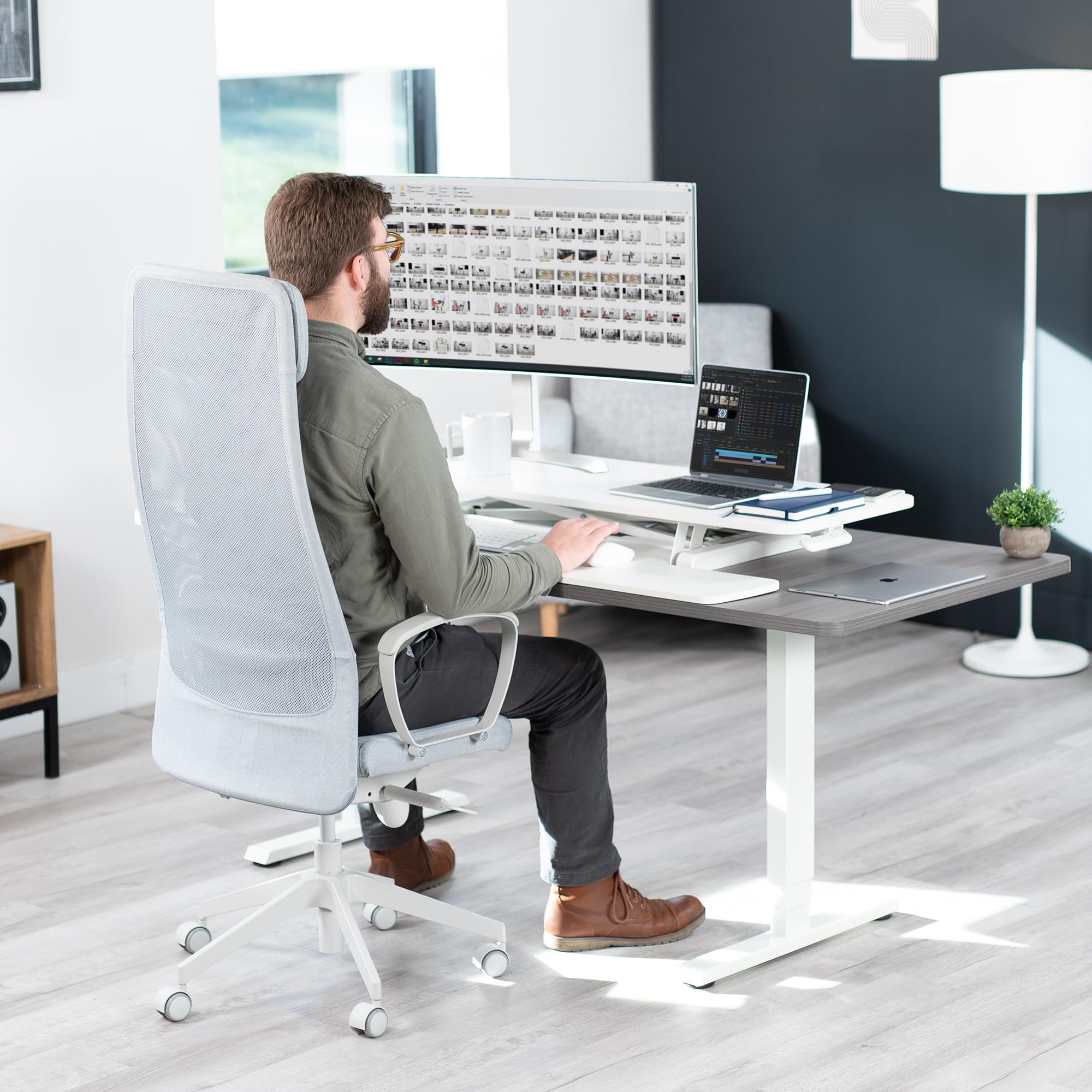 48 inch Desk Converter, K Series, Height Adjustable Sit to Stand Riser, Dual Monitor and Laptop Workstation with Wide Keyboard Tray, White, DESK-V048KW