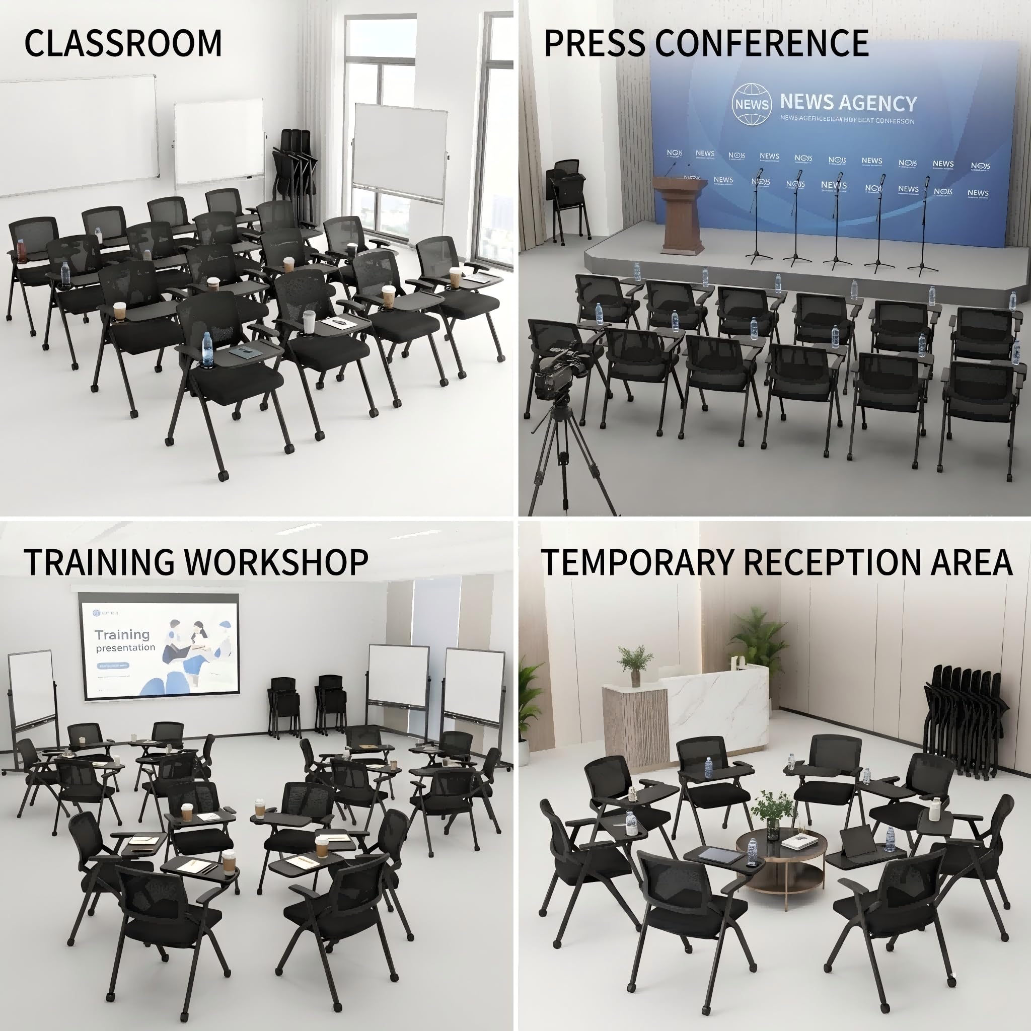 12 Pk, Folding Training Chairs with Desk Attached, Mobile Office Meeting Chair with Writing Tablet and Cup Holder, Space-Saving Nesting Conference Chair for Classroom, Seminar