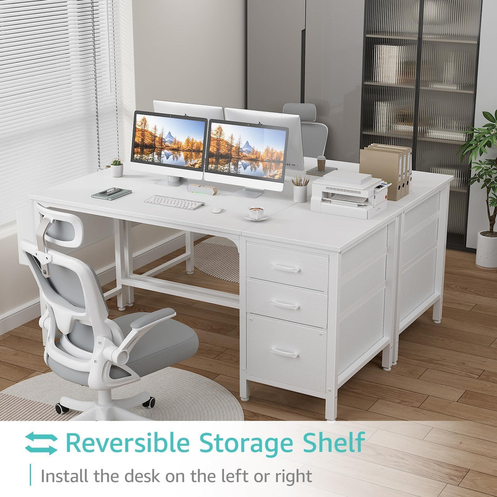 White Computer Desk with Fabric File Drawers Cabinet, 55 Inch Reversible Desks with Storage Filing Cabinet for Home Office, Modern Writing Table PC Desks for Bedroom, White