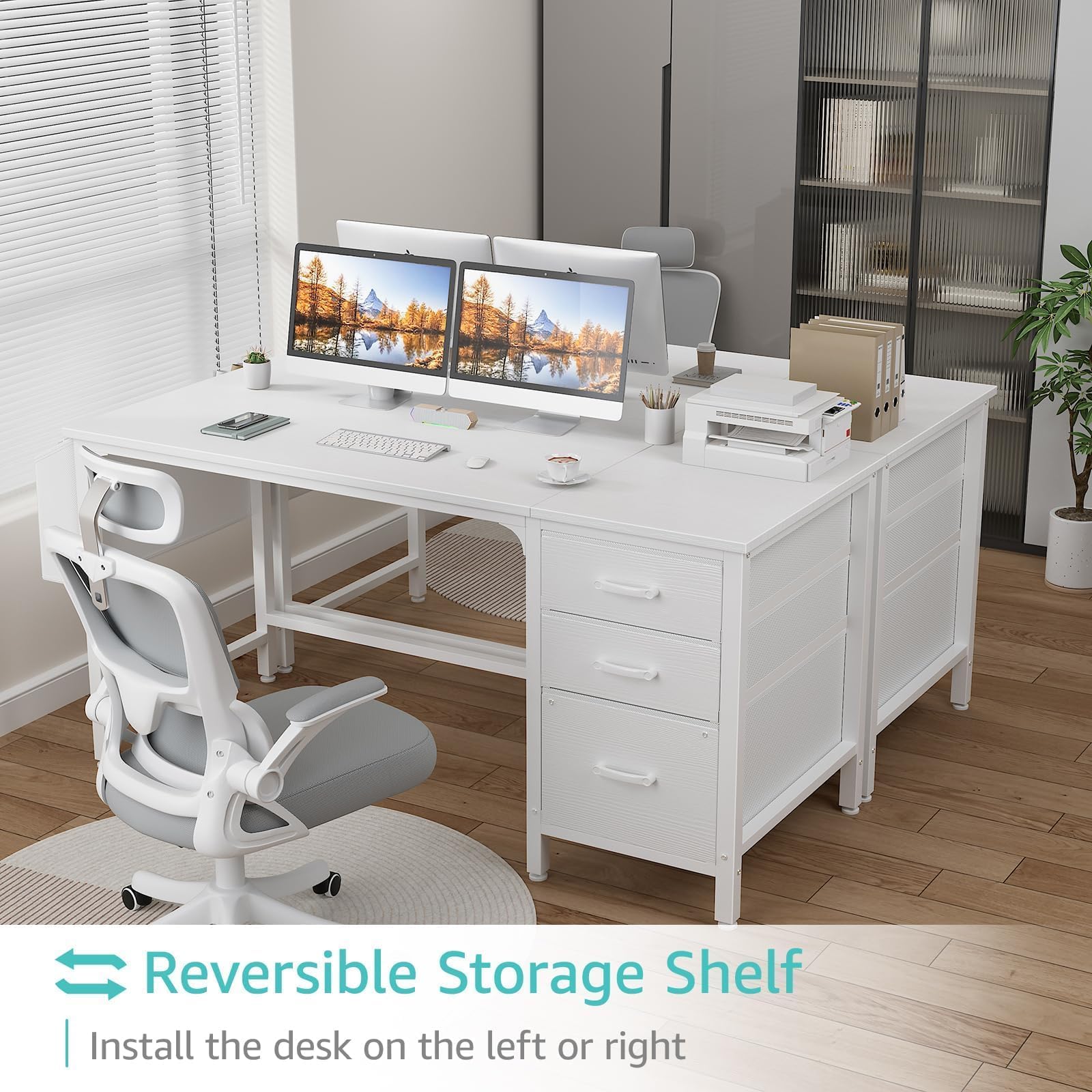White Computer Desk with Fabric File Drawers Cabinet, 55 Inch Reversible Desks with Storage Filing Cabinet for Home Office, Modern Writing Table PC Desks for Bedroom, White