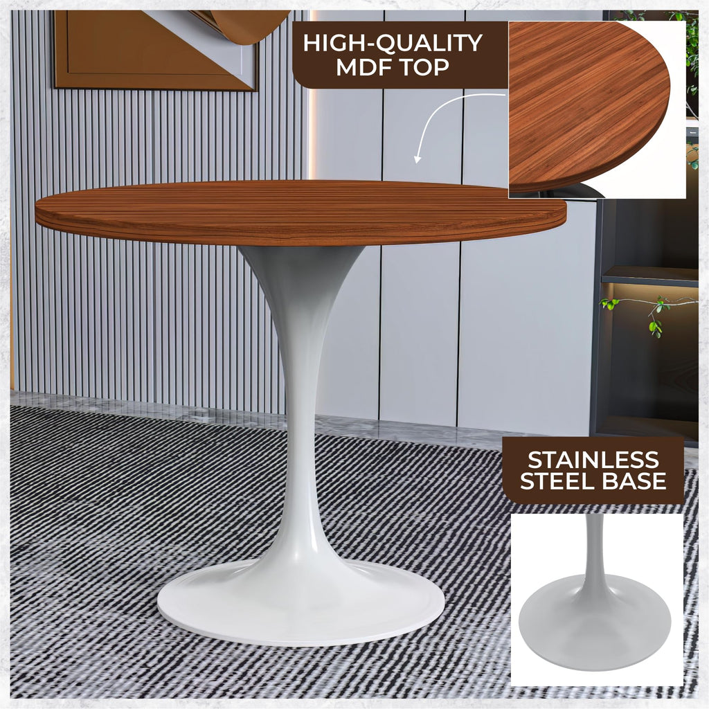 Verve Mid-Century Modern 36 Inch Round Dining Table, MDF Wood Tabletop with White Steel Pedestal Base, Contemporary Kitchen & Dining Room Table, for Small Spaces (Cognac Brown)