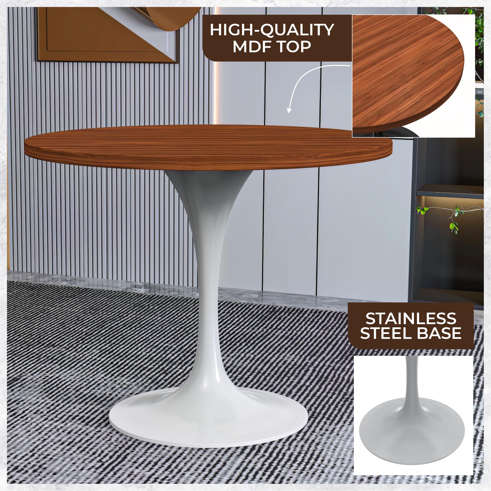 Verve Mid-Century Modern 36 Inch Round Dining Table, MDF Wood Tabletop with White Steel Pedestal Base, Contemporary Kitchen & Dining Room Table, for Small Spaces (Cognac Brown)