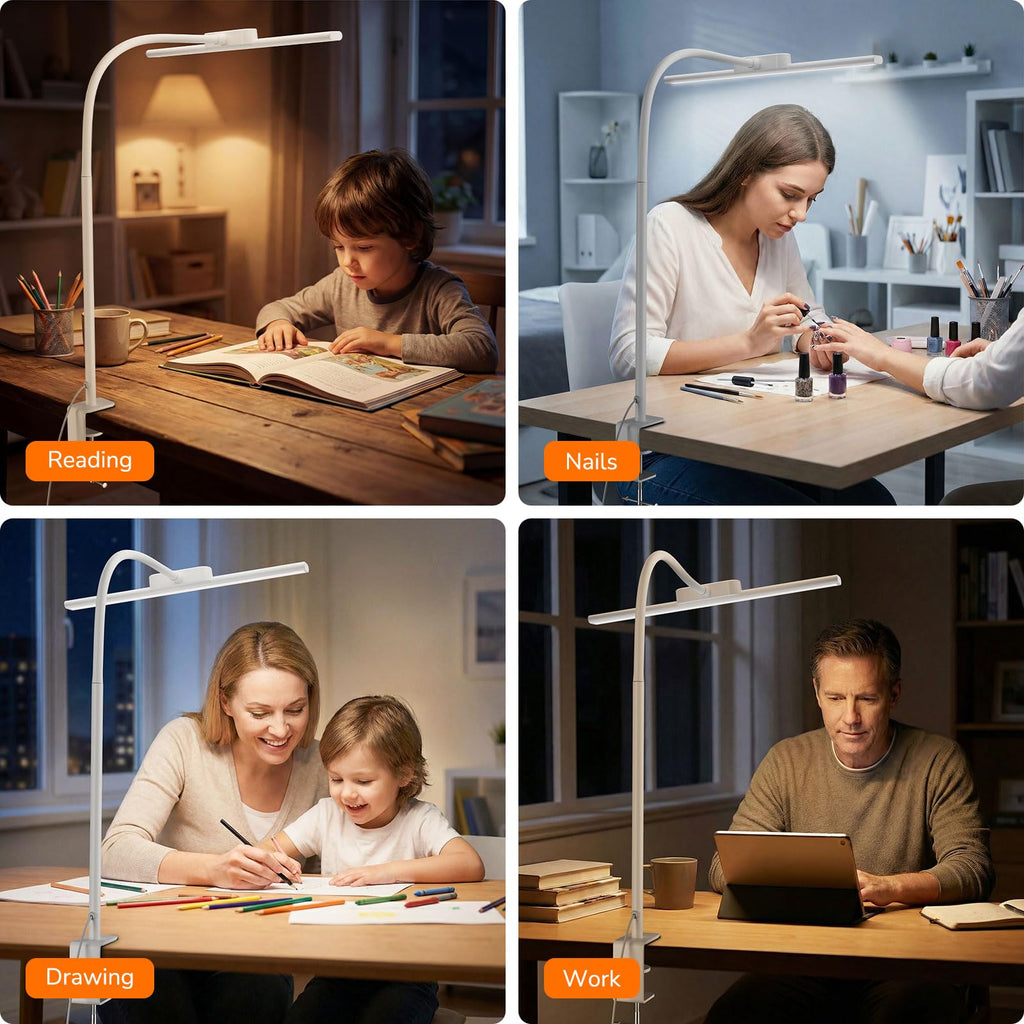 Led Desk Lamp for Office, Metal Architect Lamp with Clamp, 11W 750LM Eye-Caring Task Light, 25 Lighting Modes, Flexible Gooseneck for Monitor, Workbench, Drafting, Crafts, Reading, White