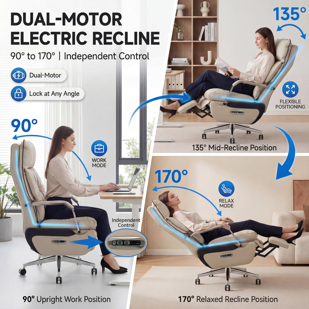 Dual Motor Executive Reclining Office Chair with Footrest – One-Click Electric Recline, Massage Lumbar Support & Pillow, Big and Tall PU Leather Ergonomic Desk Chair for Home Office/Gaming(White)