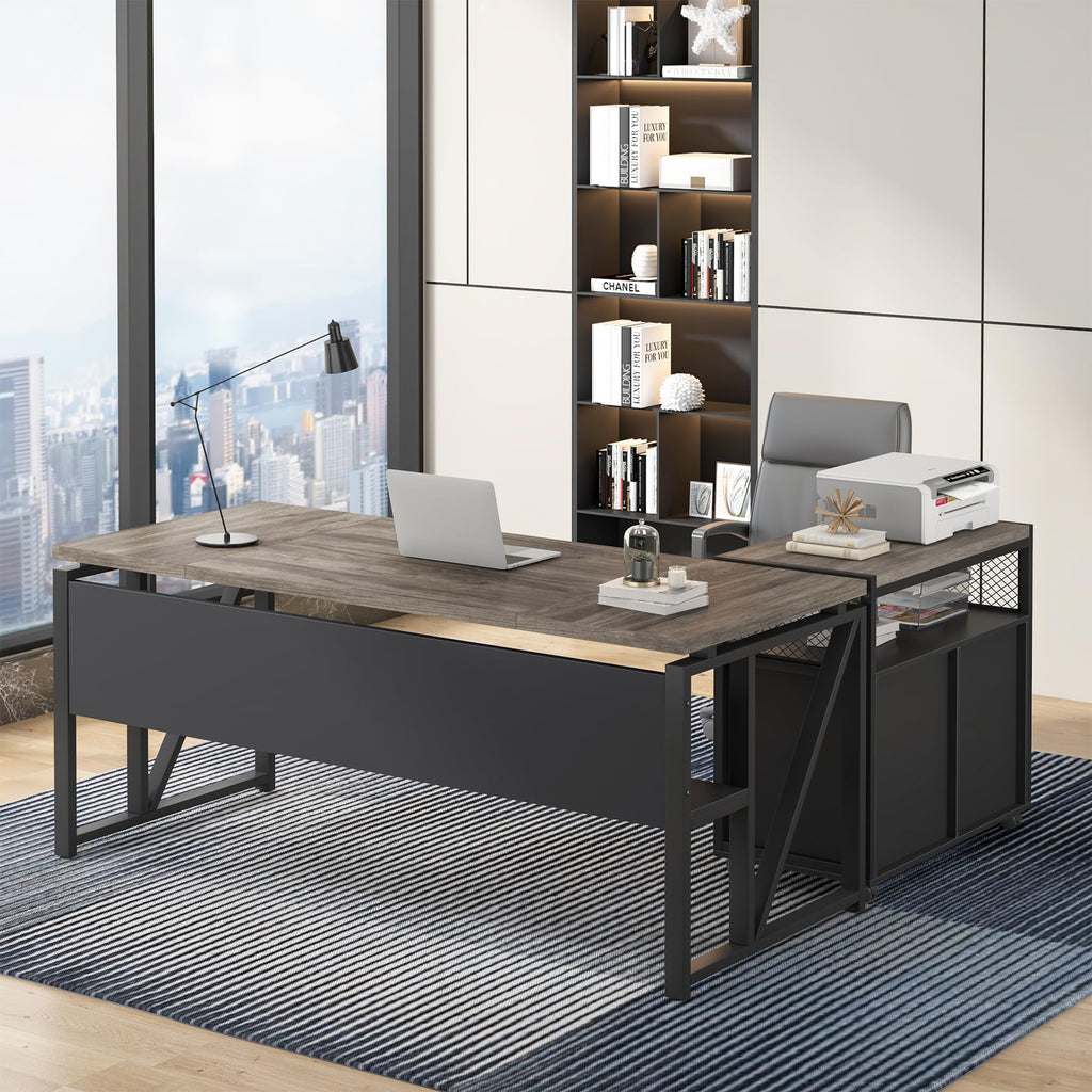 63" Executive Desk with Reversible File Cabinet, Large L-Shaped Office Desk with Drawers, Business Furniture Workstation for Home Office (Dark Oak, 63-inch)