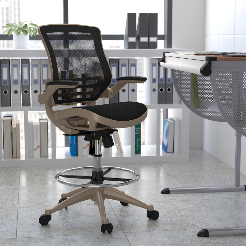 Mid-Back Swivel Office Chair with Adjustable Foot Ring and Seat Height, Ergonomic Mesh Chair with Armrests, Black/Gold