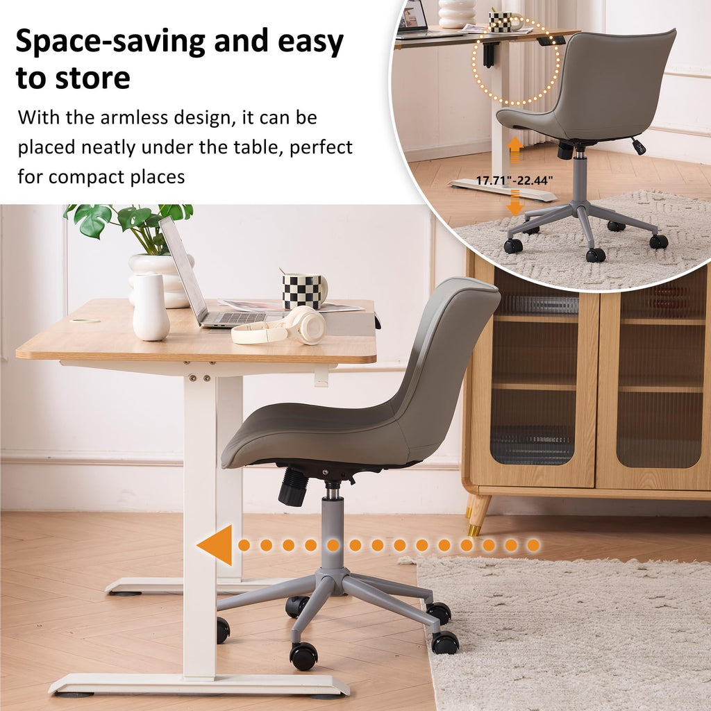 Home Office Desk Chair with Wheels Armless Vanity Chair with Back Comfy Modern Leather Upholstered Rolling Task Chair Swivel Small Cute Sewing Chair No Arms Wide Adjustable Ergonomic Grey