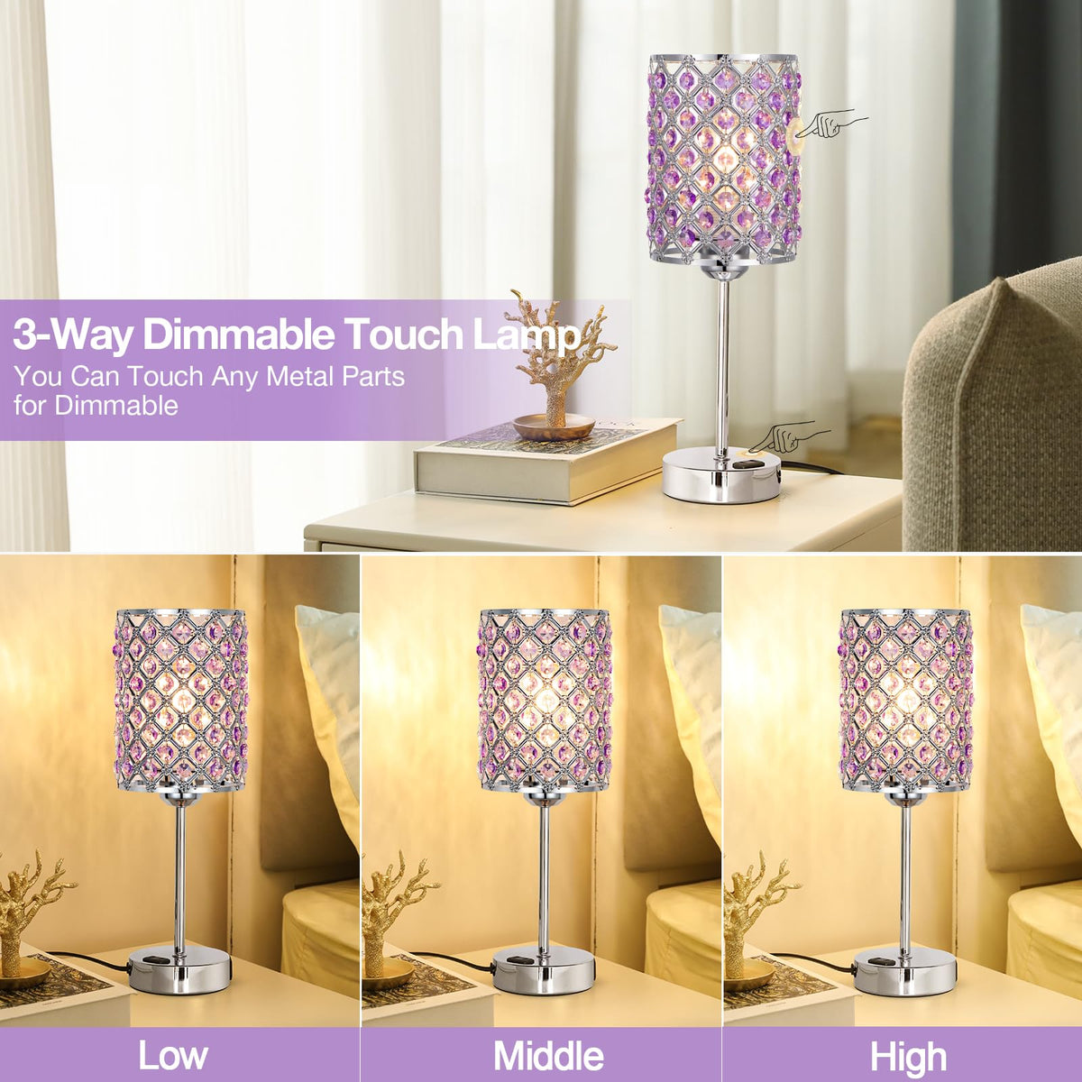 Crystal Lamps for Night Stands, Purple Table Lamp for Bedroom