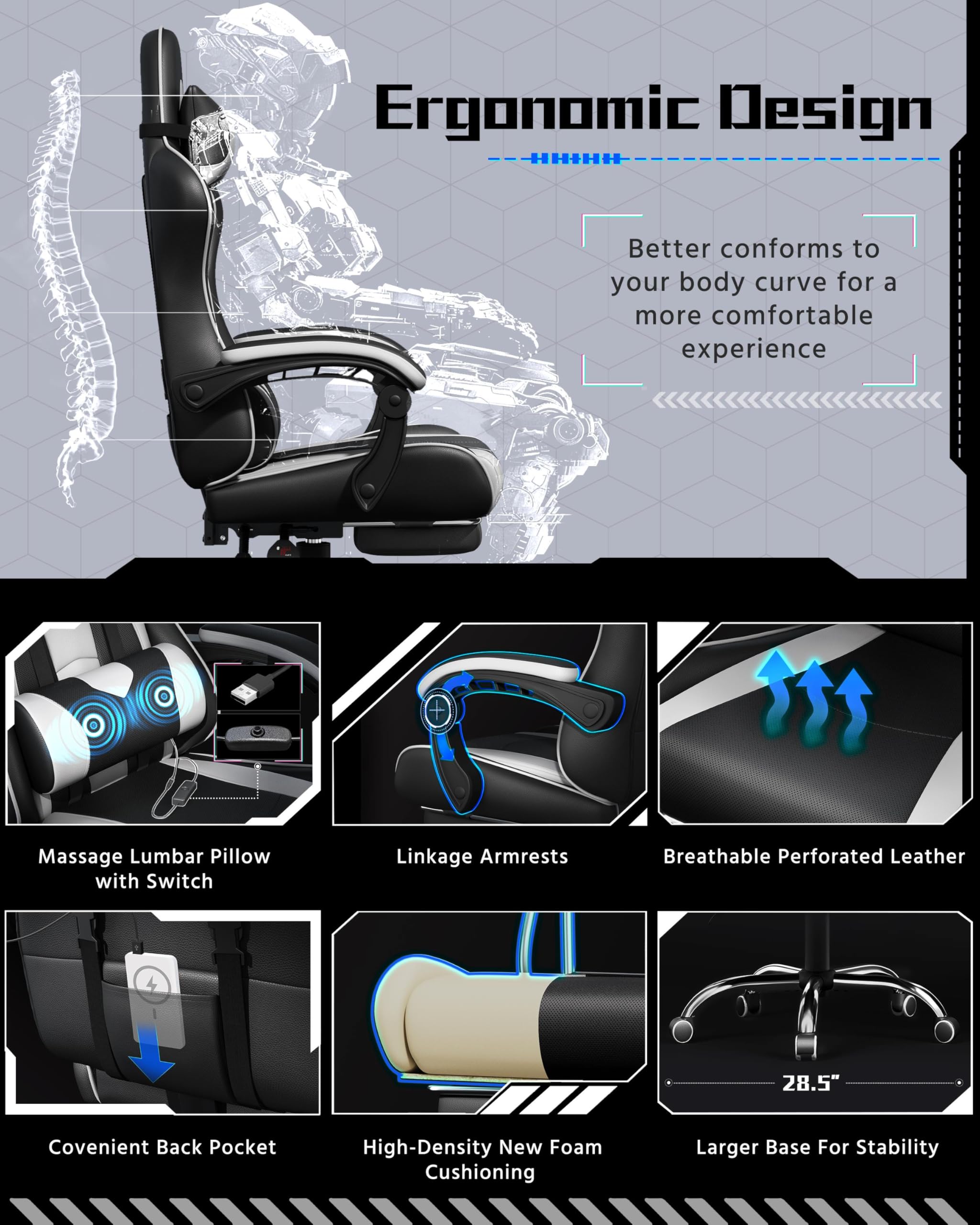 Gaming Chair with Electric Massage Lumbar Support, Footrest & Headrest — Ergonomic High Back Recliner for Home Office, Computer Desk Chair, Height Adjustable, 300 lbs, Black/White