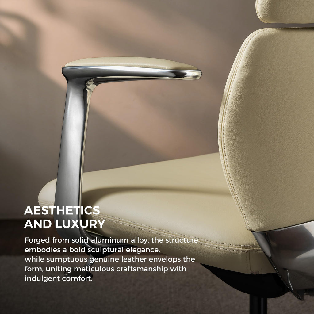 Genuine Leather Office Desk Chair with Wheels, Ergonomic Leather Executive Chair, Mid Back, Swivel Base with Adjustable Tilt, Modern Style, Luxury Aluminum Frame (Beige)