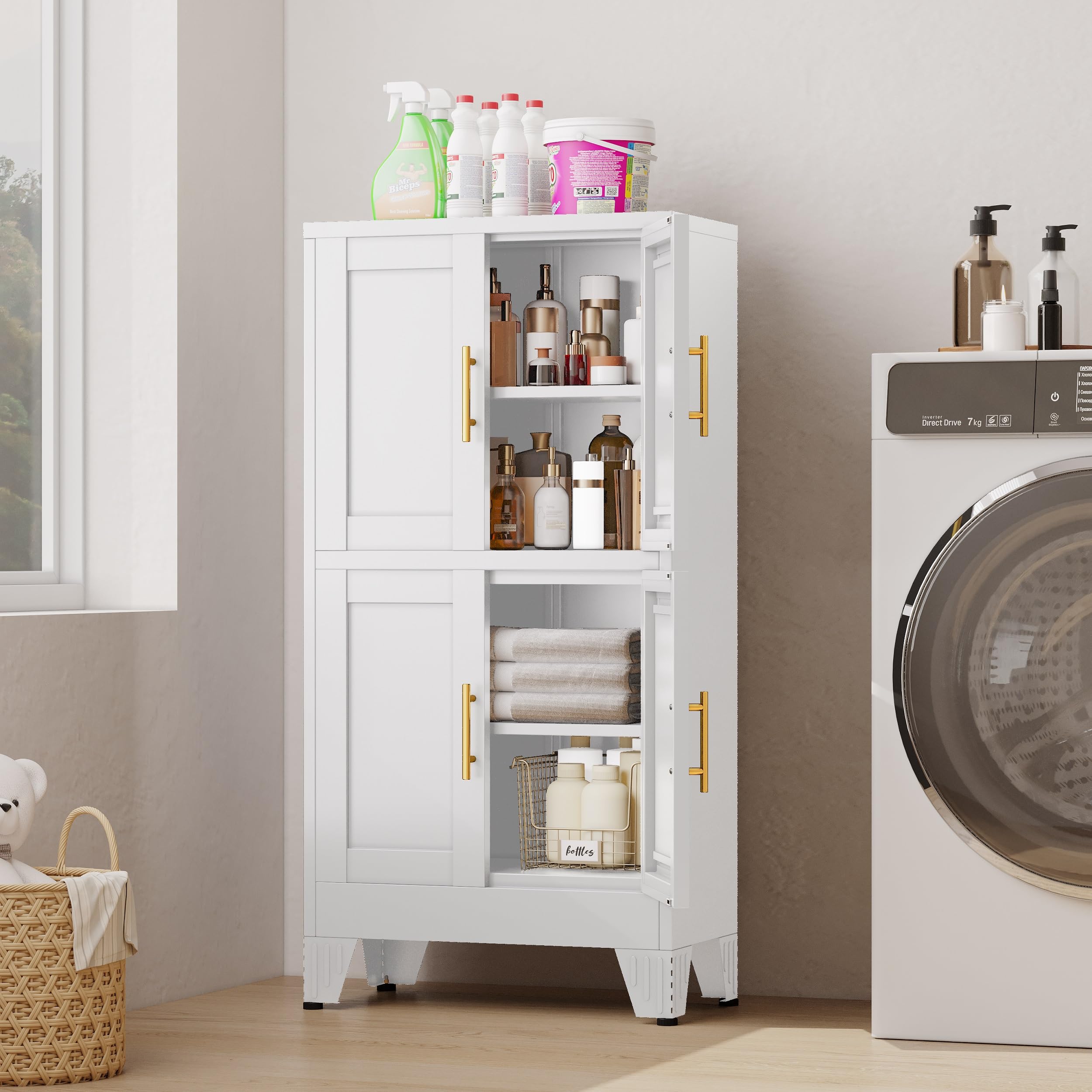 47” White Metal Storage Cabinet, Kitchen Pantry Cabinet