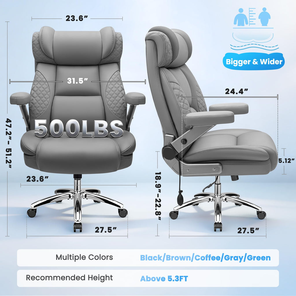 Big and Tall Office Chair for Heavy People, 500LBS Wide Seat Computer Desk Chair, Extra Large Executive Gaming Chair with Adjustable Lumbar Support and 5D Flip Arms, Comfy Heavy Duty Office Chair