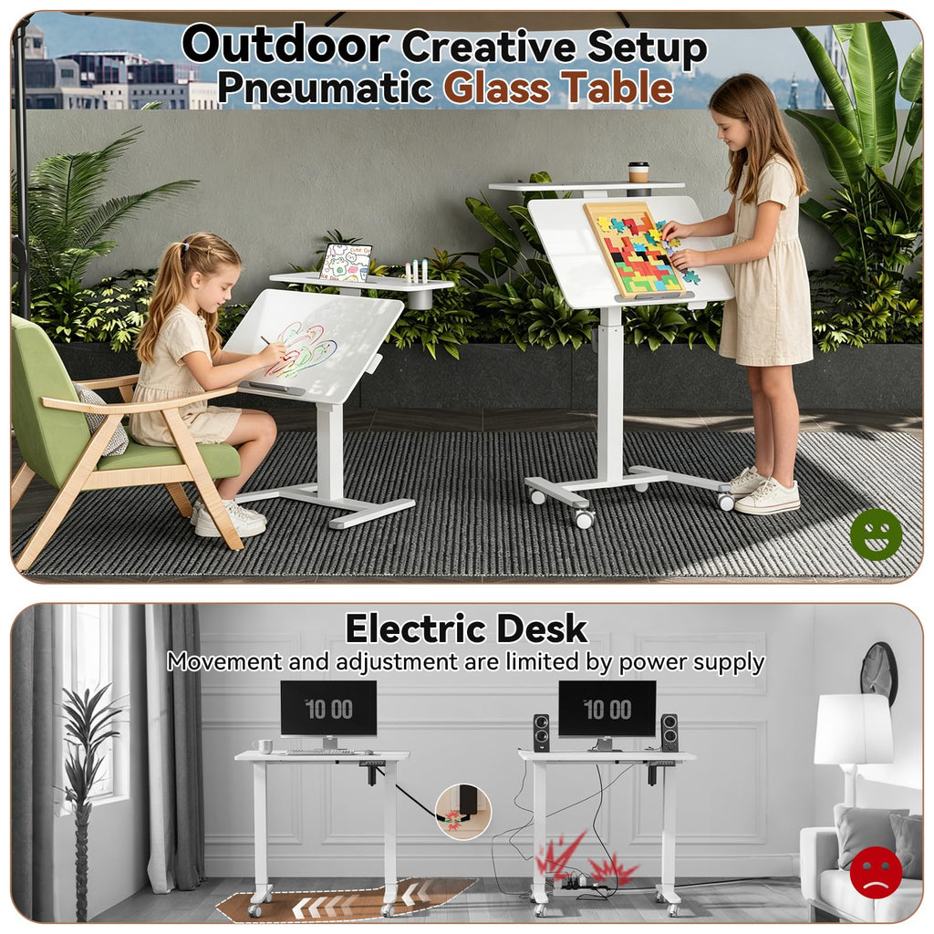 28Inch Glass Mobile Standing Desk On Wheels， Rolling Laptop Stand with Tiltable Desktop， Small Computer Workstation Adjustable Height， 2-Tier Portable Study Table with Storage Shelf， White