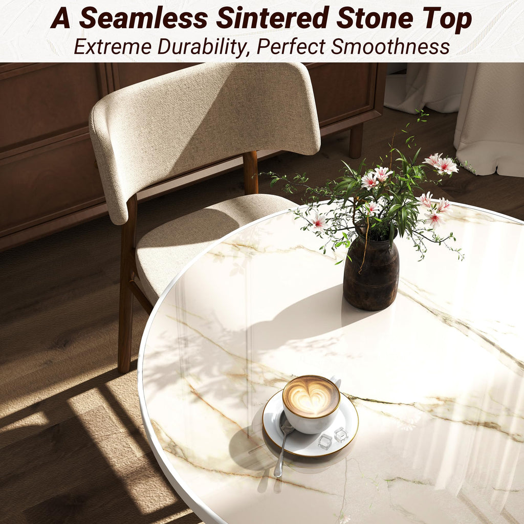 hausway 31.5" Tulip Table,Round Kitchen Dining Table for 2-4 with Thick Sintered Stone Top,Titanium Golden Pedestal Base,Heat-Resistant,Bistro Table for Dining Room,Café,Small Space（Amber Rift）